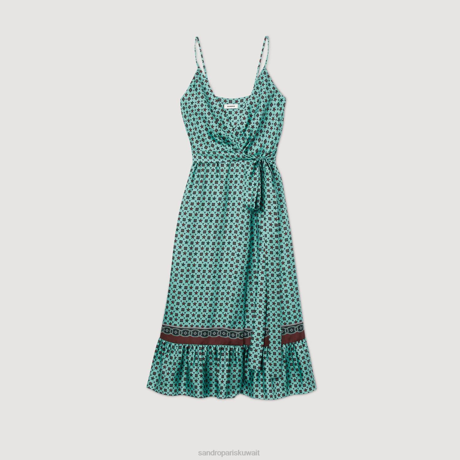 ثياب Sandro Paris فستان ميدي من الساتان المطبوع تركواز/بني نحيف ZJ0074