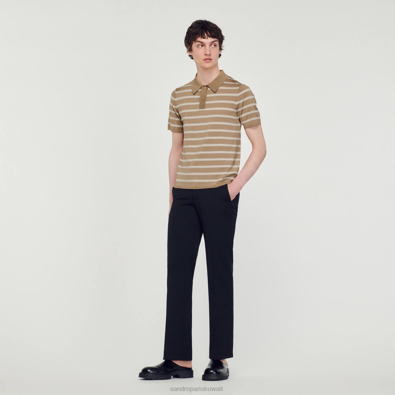 ثياب Sandro Paris قميص بولو مخطط الجمل المطحون/البيج المشارب رجال ZJ00754