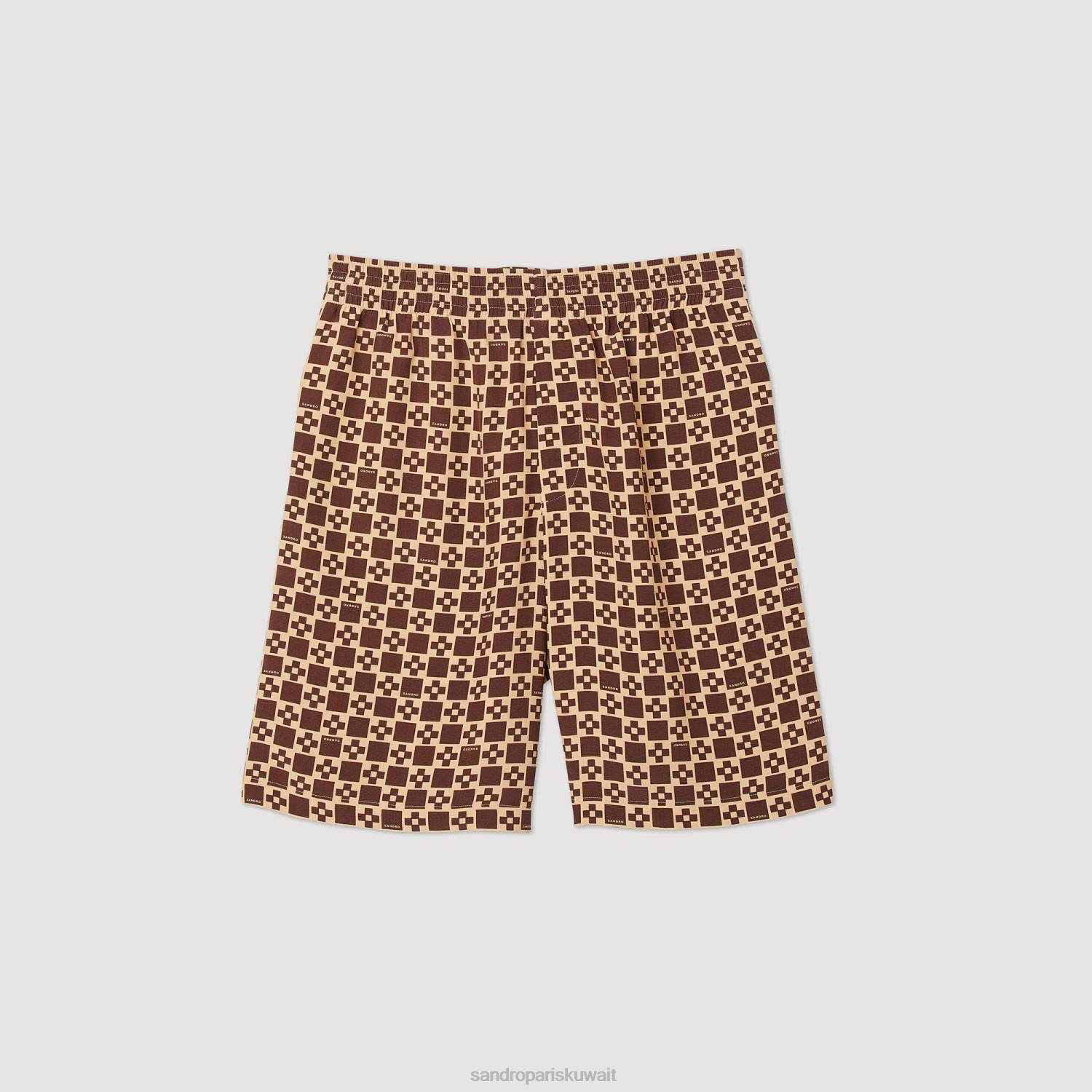 ثياب Sandro Paris شورت مربع بطبعات متقاطعة بني رجال ZJ00755