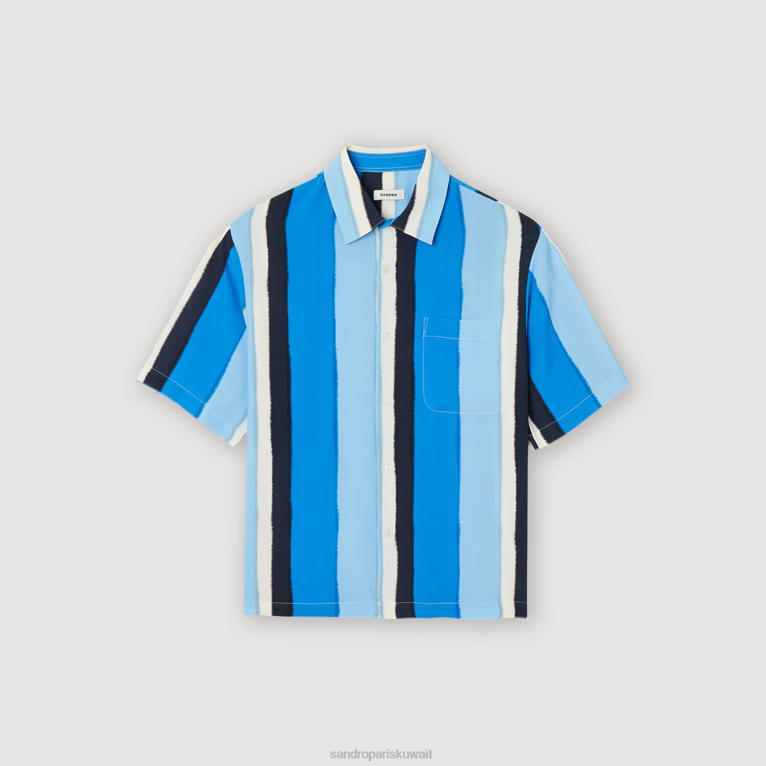 ثياب Sandro Paris قميص مخطط متدفق بأكمام قصيرة أزرق رجال ZJ00758