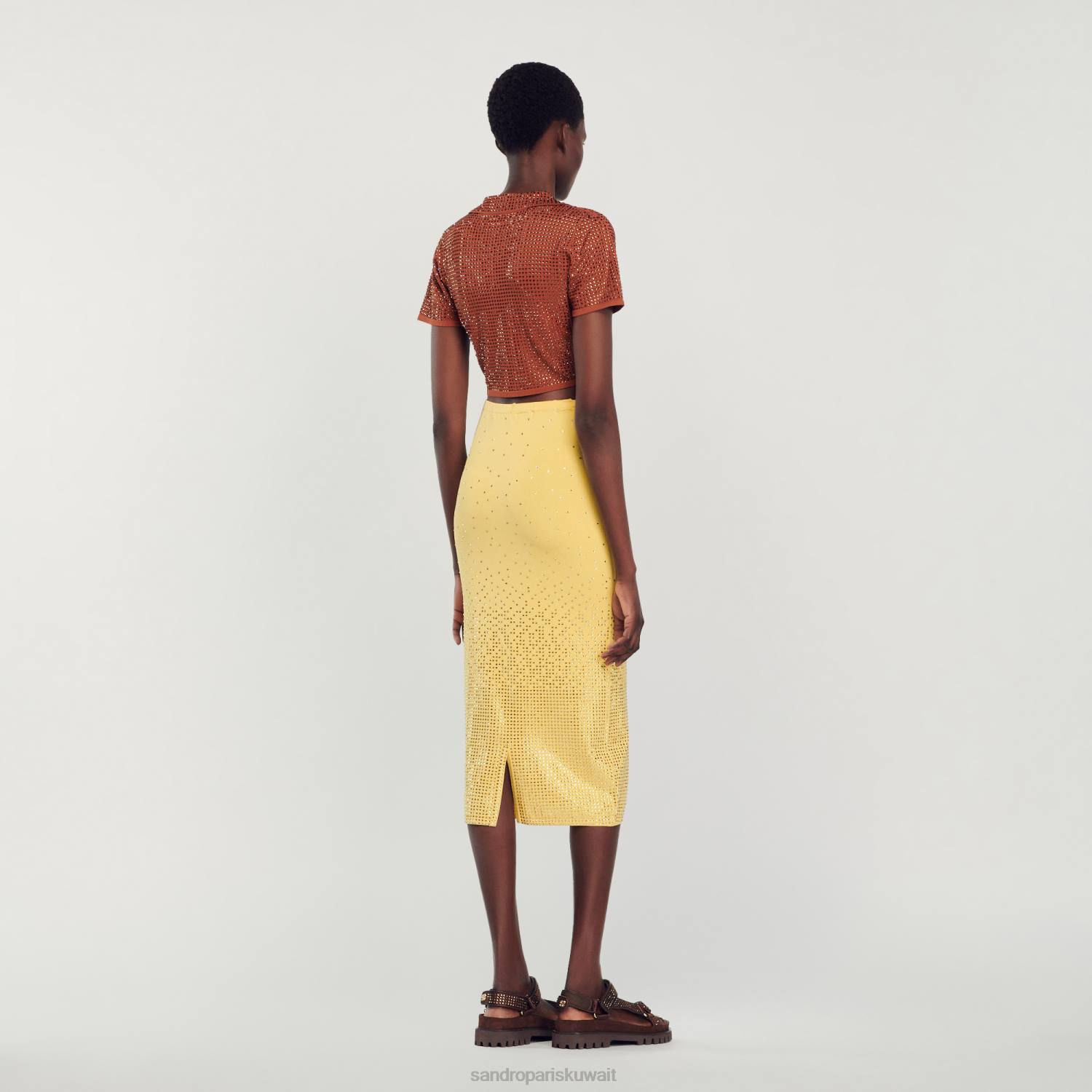 ثياب Sandro Paris تنورة ميدي مزينة بحجر الراين أصفر نحيف ZJ0075