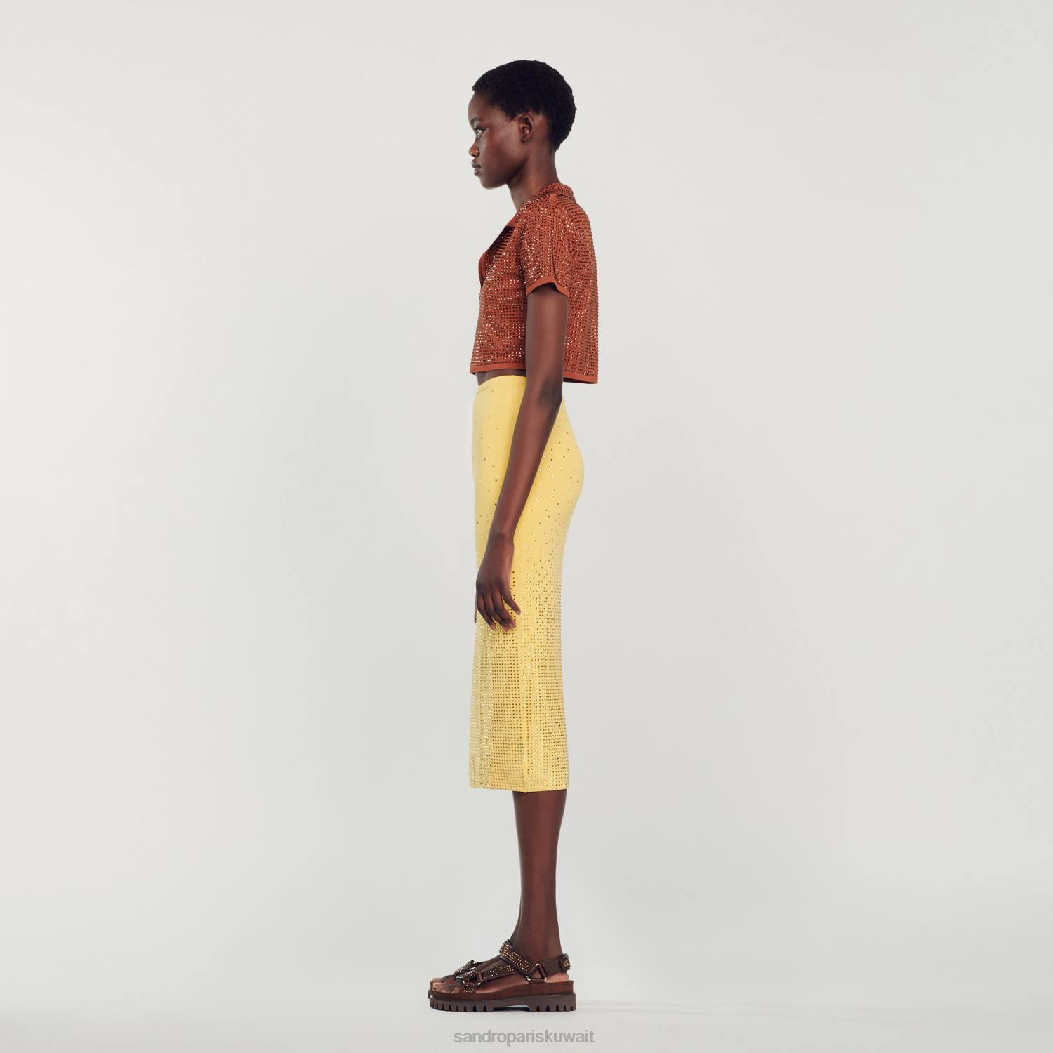 ثياب Sandro Paris تنورة ميدي مزينة بحجر الراين أصفر نحيف ZJ0075