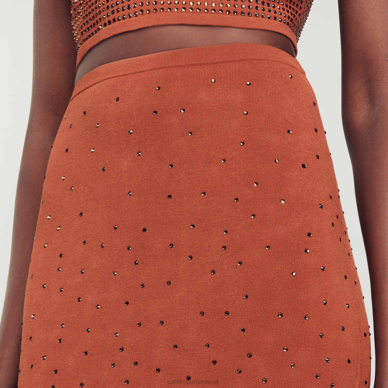 ثياب Sandro Paris تنورة ميدي مزينة بحجر الراين بني نحيف ZJ0076