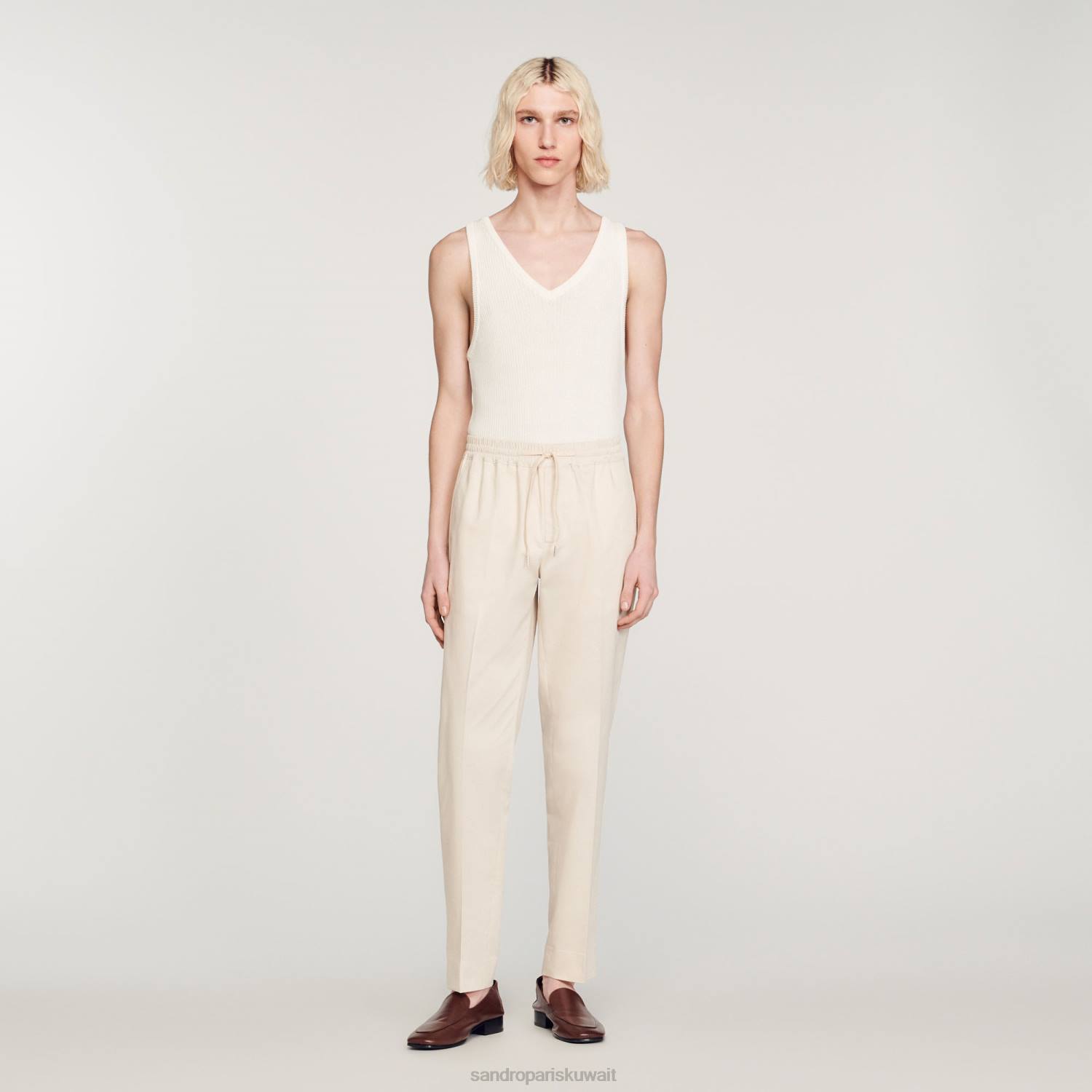 ثياب Sandro Paris بنطال مطاطي بقصة مستقيمة بيج فاتح رجال ZJ00777