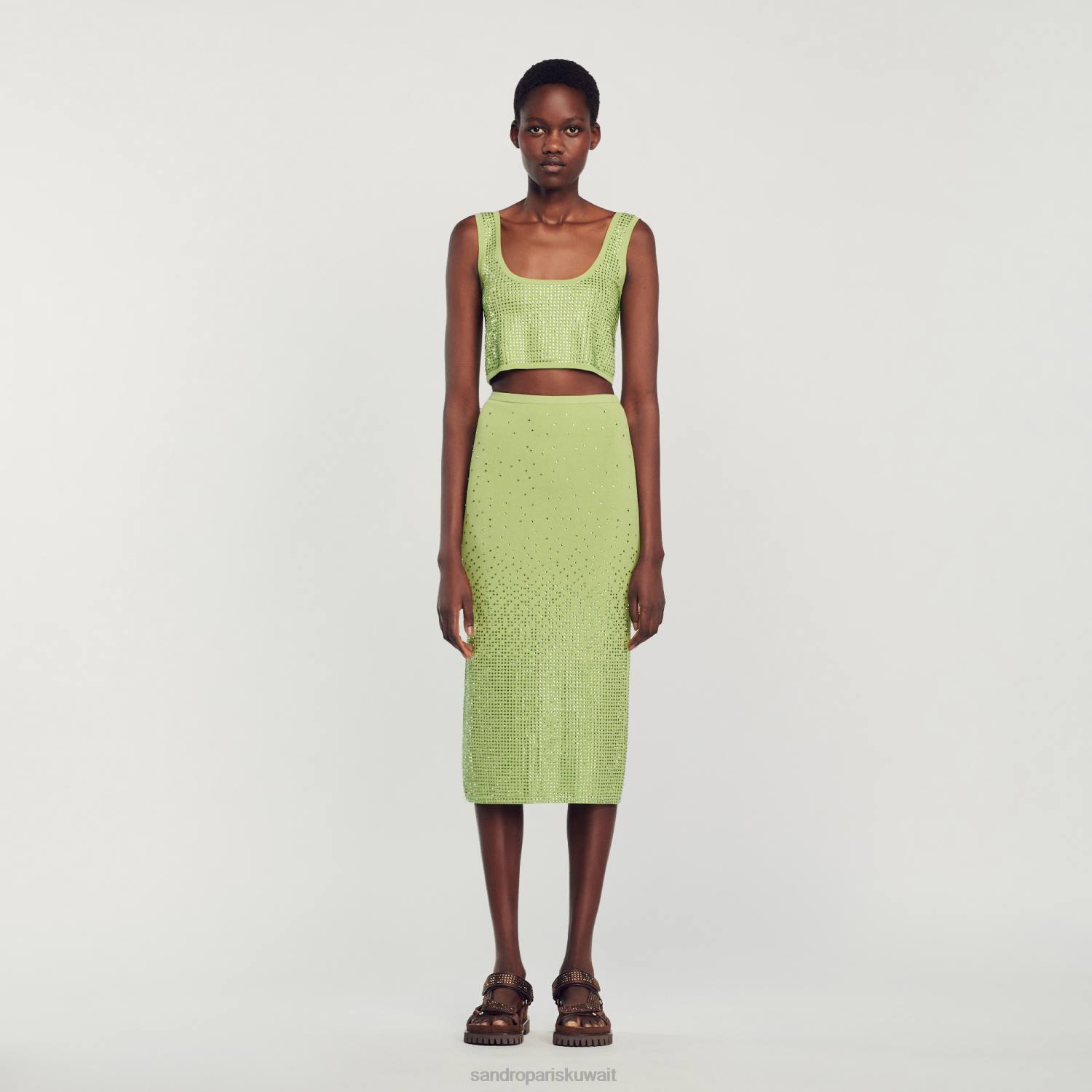 ثياب Sandro Paris تنورة ميدي مزينة بحجر الراين كاكي خفيف نحيف ZJ0077