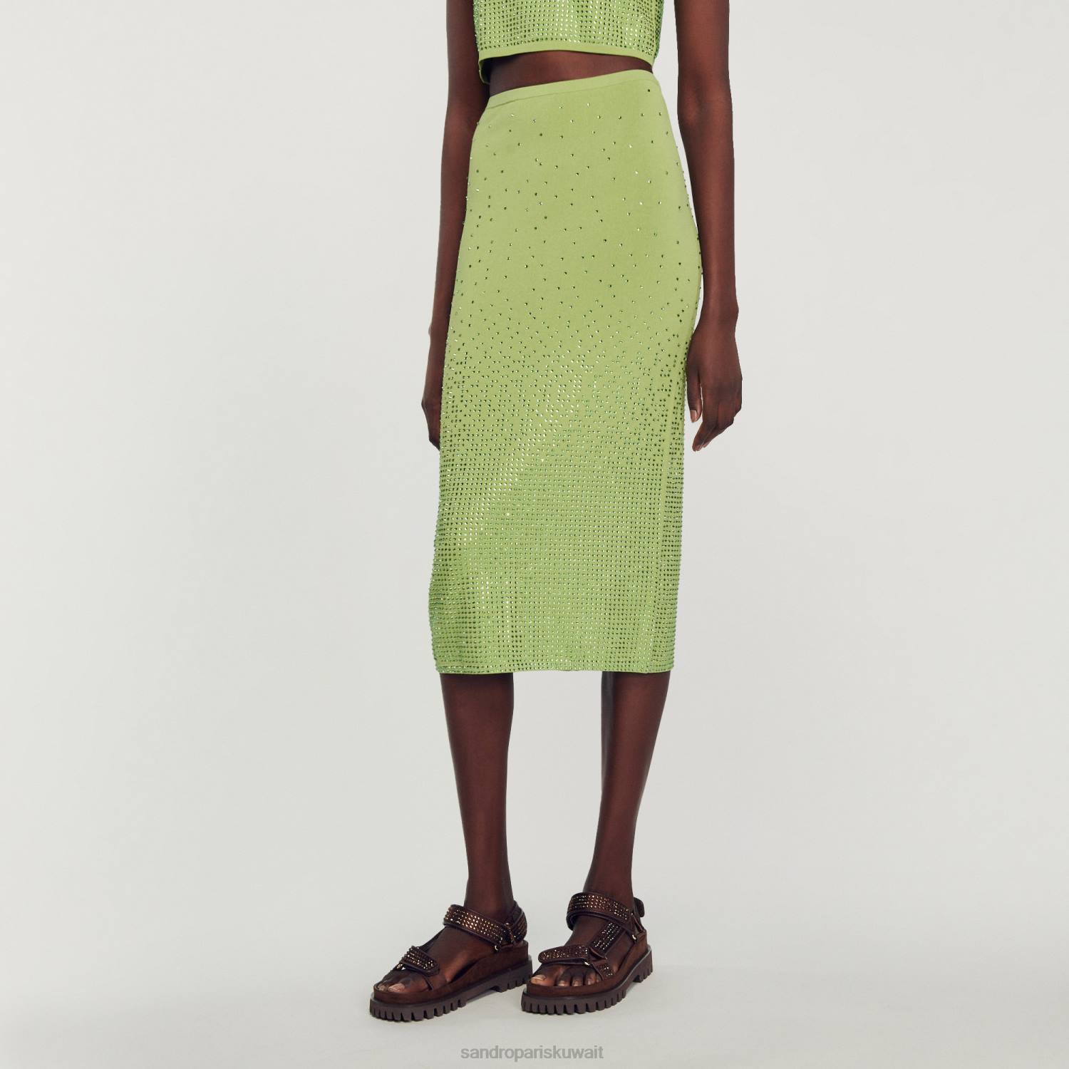 ثياب Sandro Paris تنورة ميدي مزينة بحجر الراين كاكي خفيف نحيف ZJ0077