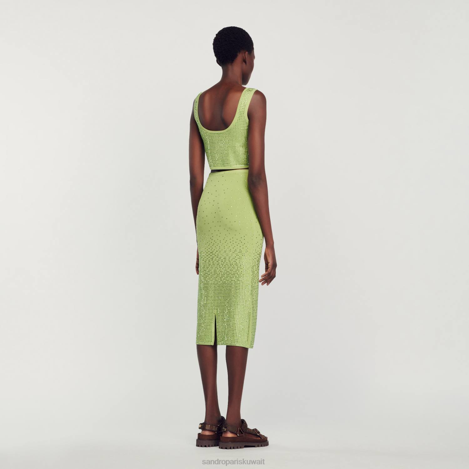 ثياب Sandro Paris تنورة ميدي مزينة بحجر الراين كاكي خفيف نحيف ZJ0077