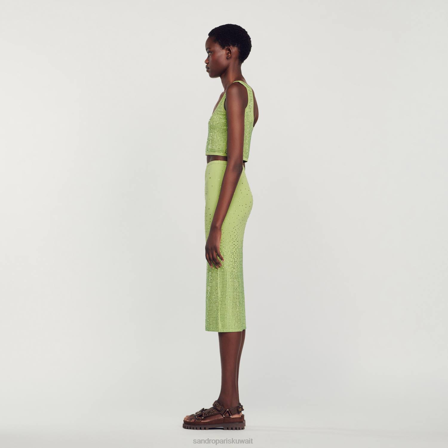 ثياب Sandro Paris تنورة ميدي مزينة بحجر الراين كاكي خفيف نحيف ZJ0077