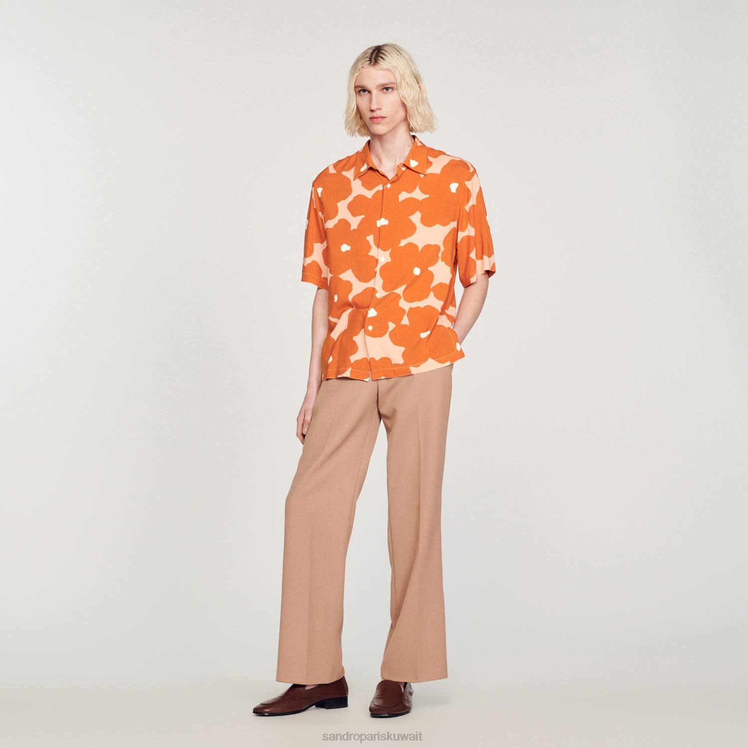 ثياب Sandro Paris قميص طباعة الأزهار البرتقالي رجال ZJ00792
