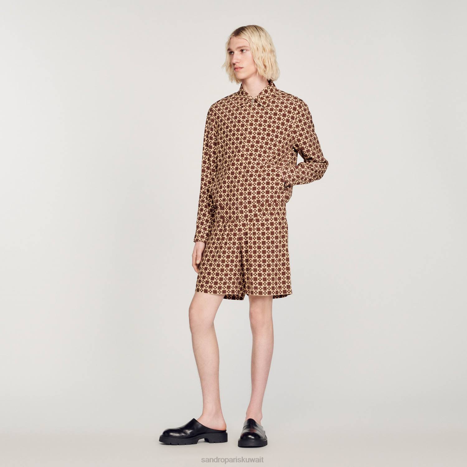 ثياب Sandro Paris سترة متقاطعة مربعة مطبوعة بني رجال ZJ00793