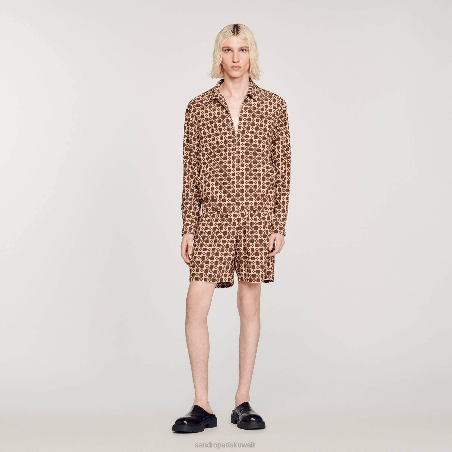 ثياب Sandro Paris سترة متقاطعة مربعة مطبوعة بني رجال ZJ00793
