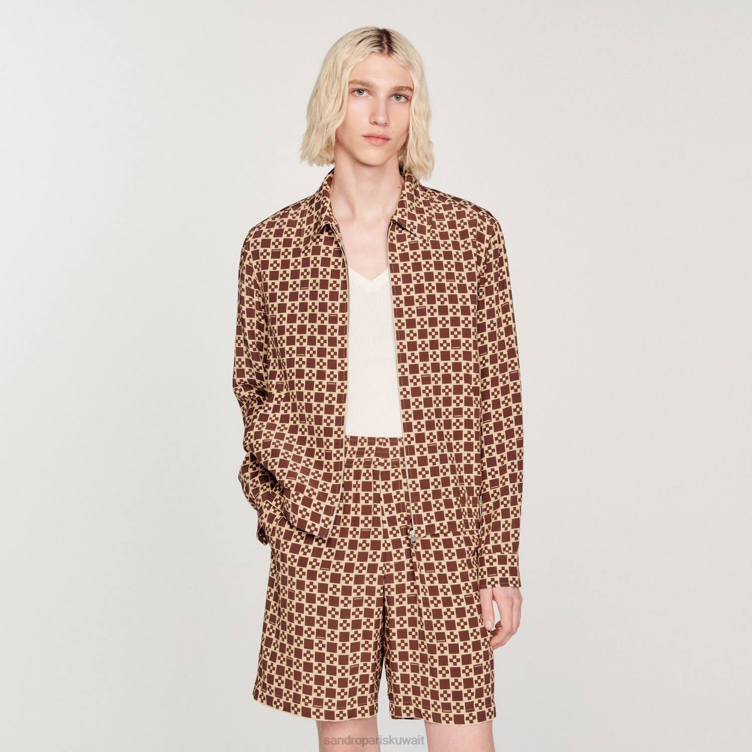ثياب Sandro Paris سترة متقاطعة مربعة مطبوعة بني رجال ZJ00793