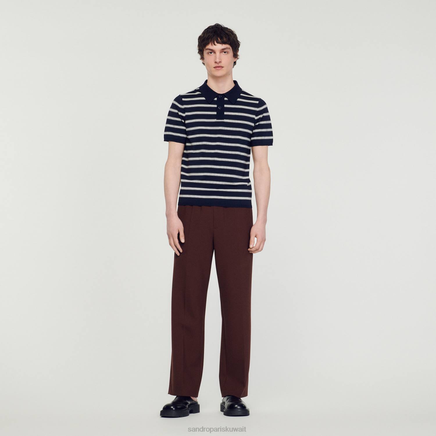 ثياب Sandro Paris قميص بولو مخطط شريط بحري أبيض رجال ZJ00799