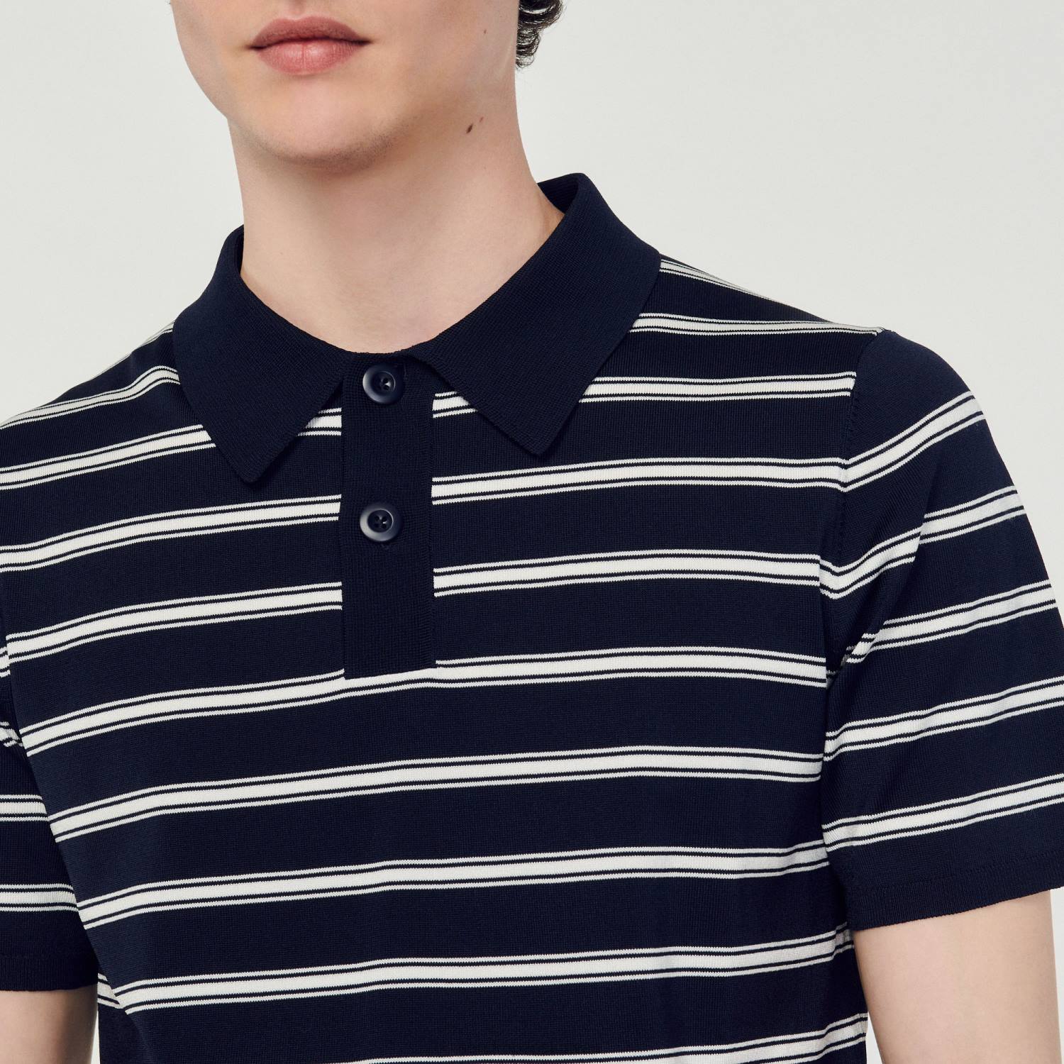 ثياب Sandro Paris قميص بولو مخطط شريط بحري أبيض رجال ZJ00799