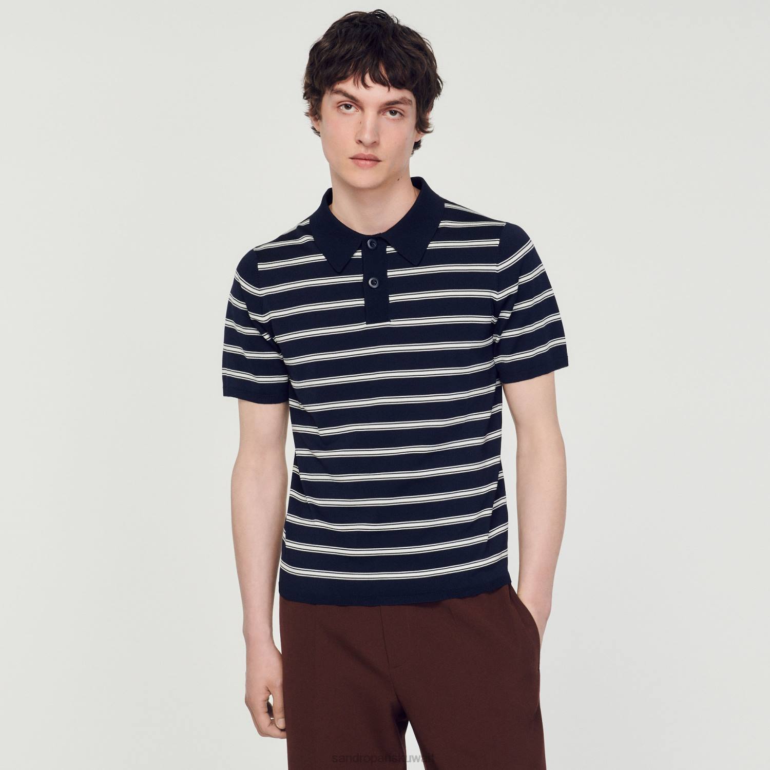 ثياب Sandro Paris قميص بولو مخطط شريط بحري أبيض رجال ZJ00799
