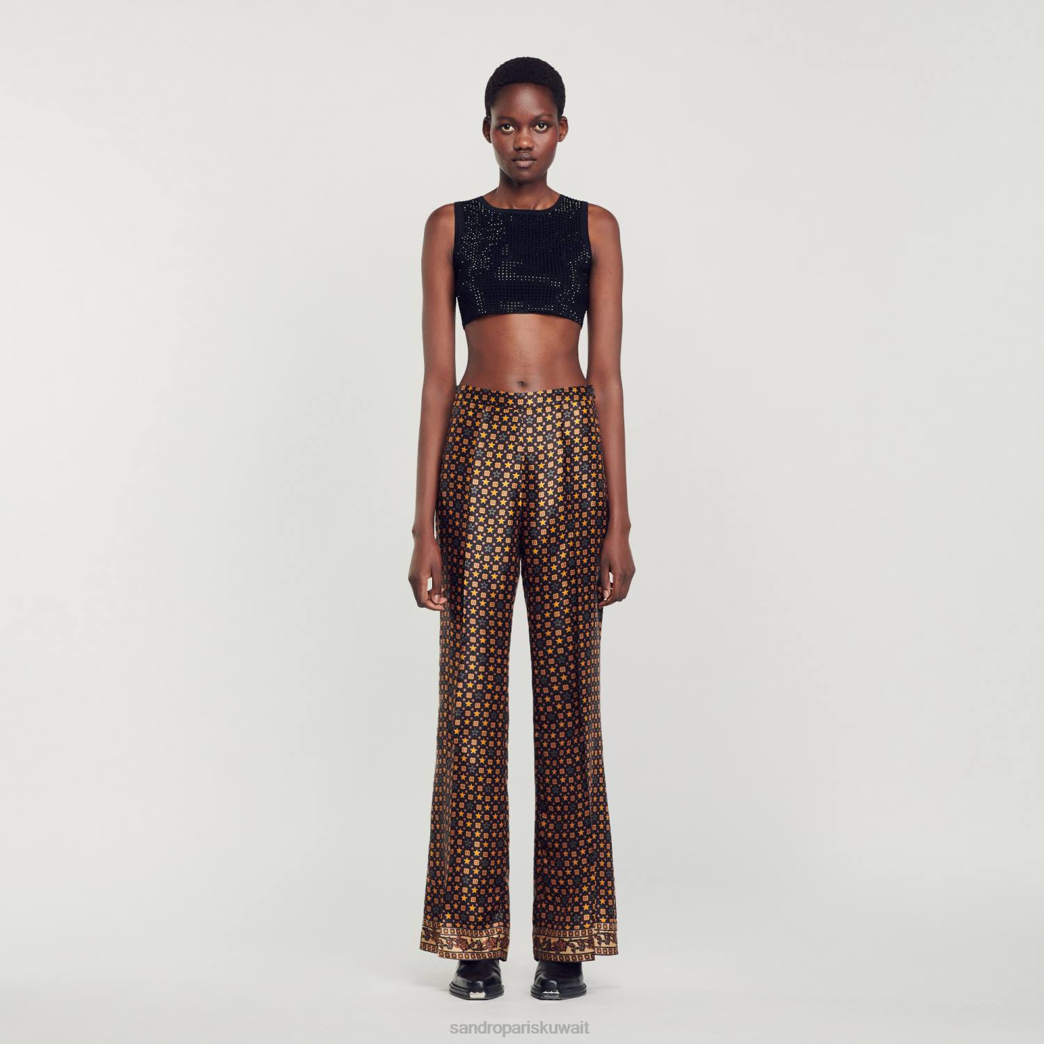 ثياب Sandro Paris السراويل الساتان المطبوعة أسود نحيف ZJ0079