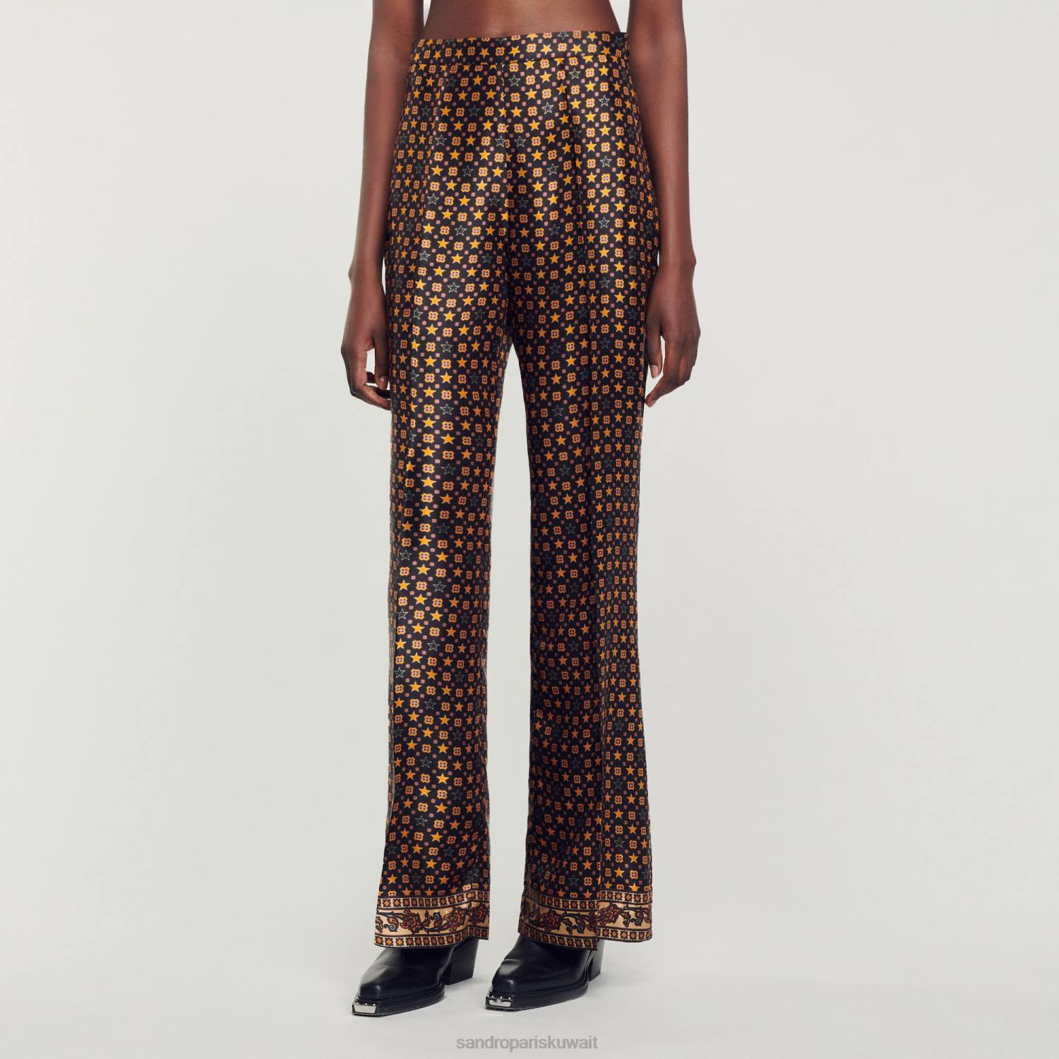 ثياب Sandro Paris السراويل الساتان المطبوعة أسود نحيف ZJ0079