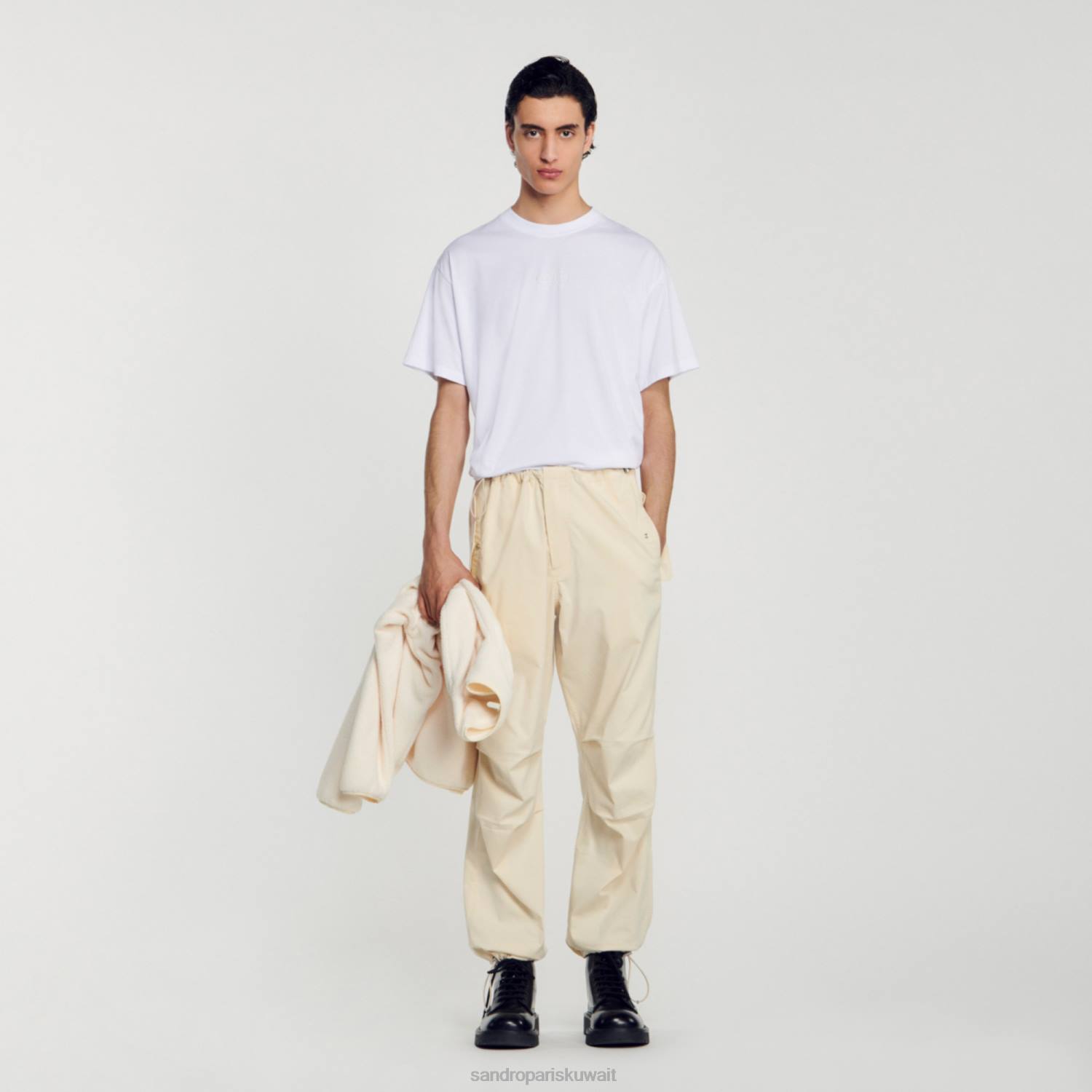 ثياب Sandro Paris تي شيرت بشعار مطاطي أبيض رجال ZJ00806