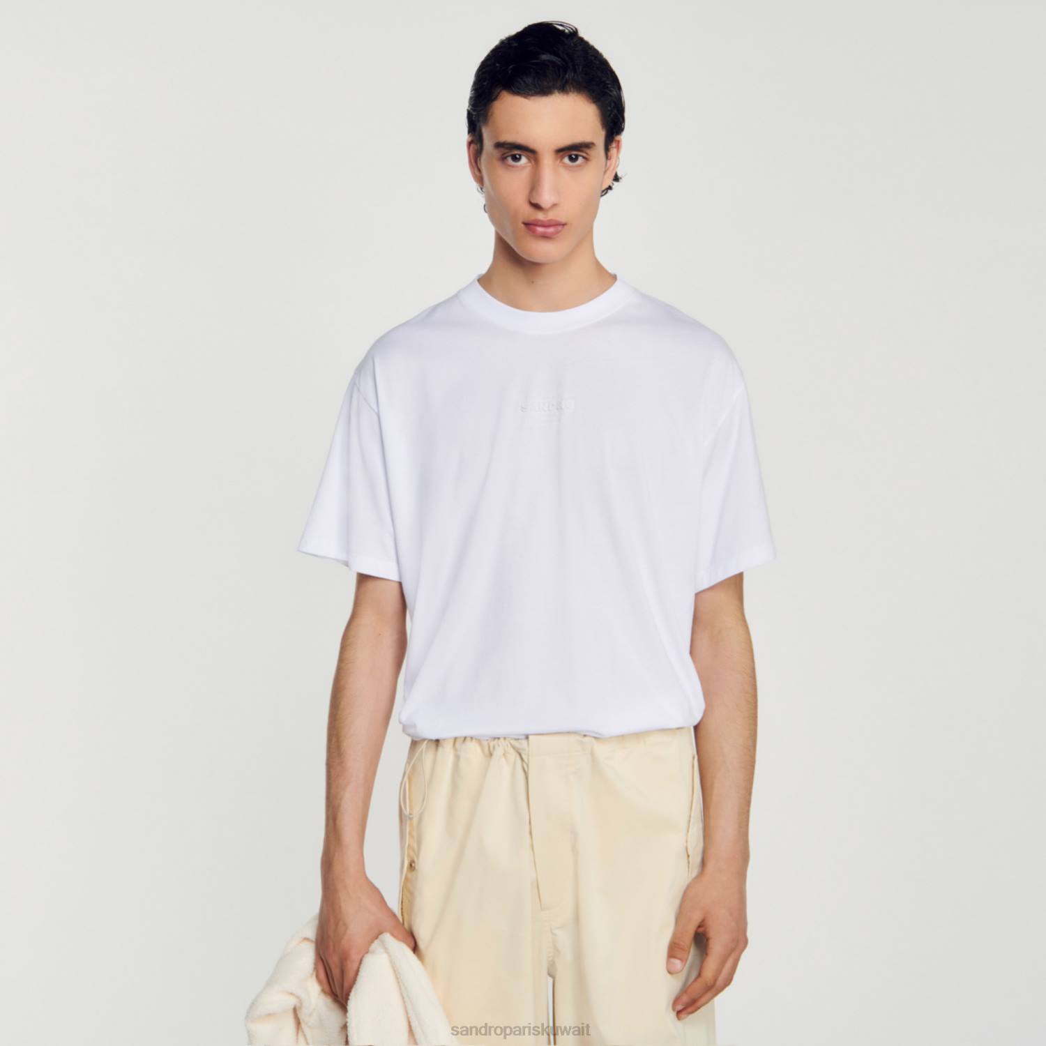ثياب Sandro Paris تي شيرت بشعار مطاطي أبيض رجال ZJ00806
