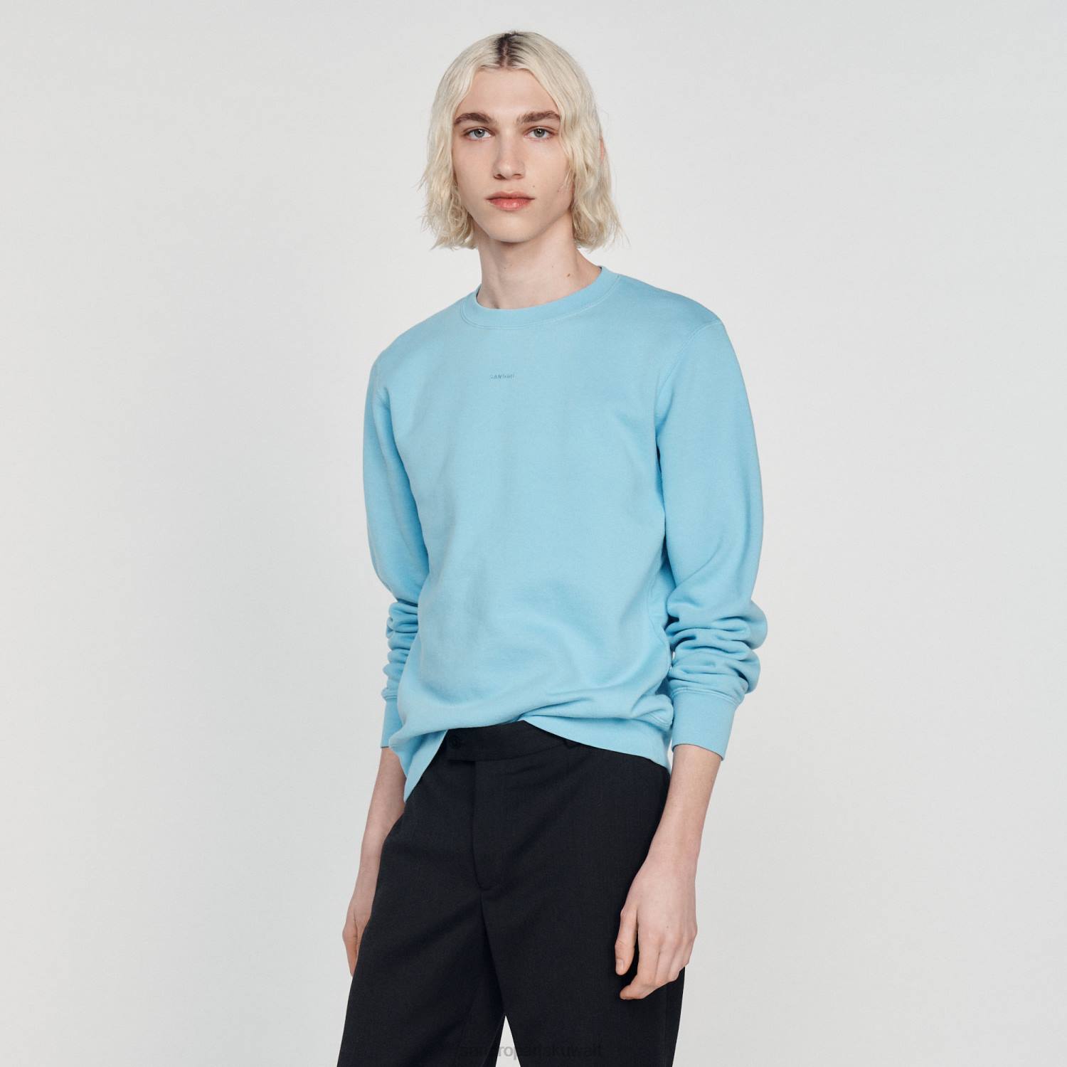 ثياب Sandro Paris سترة الصوف المطرزة أزرق فاتح رجال ZJ00814