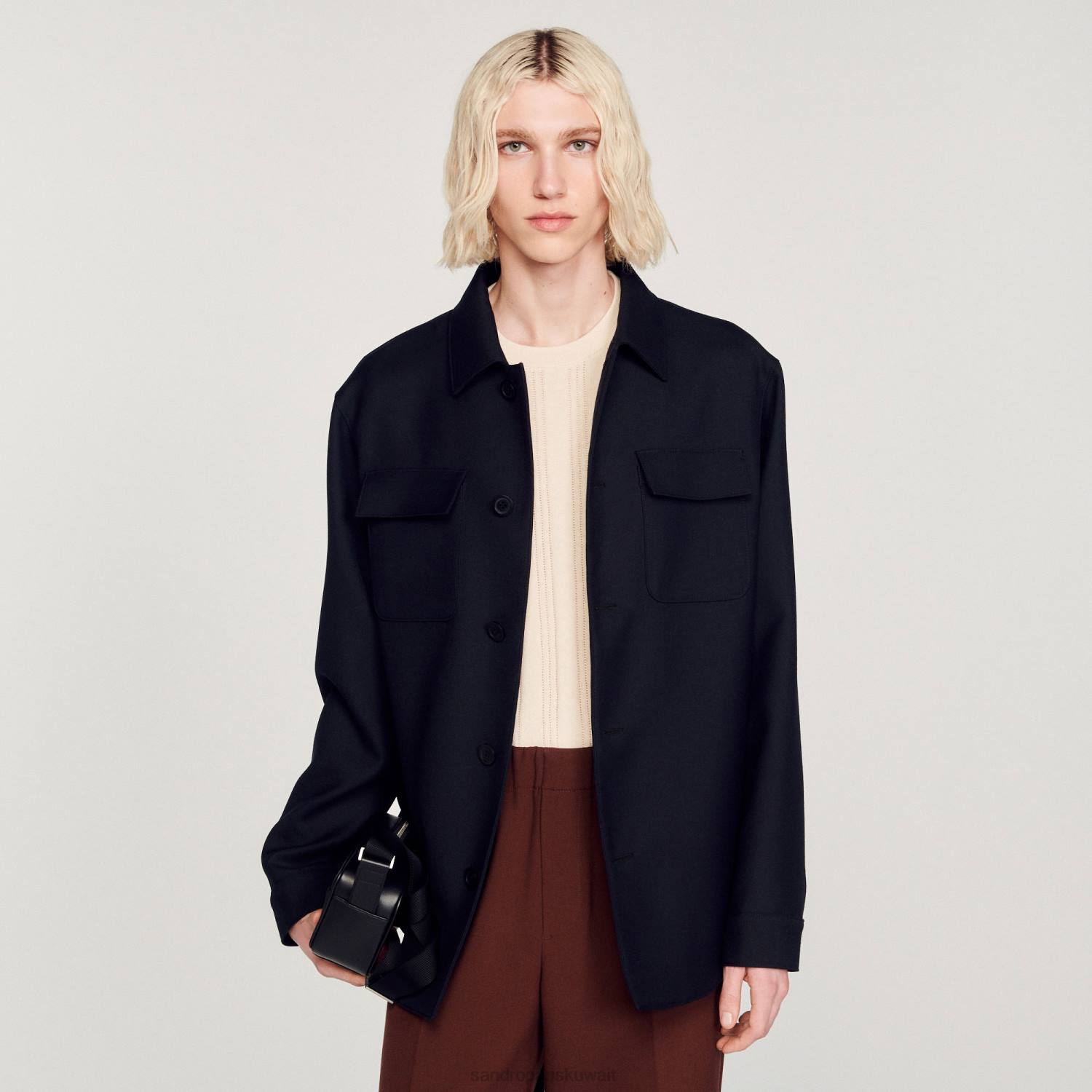 ثياب Sandro Paris قميص بأزرار الأزرق الداكن رجال ZJ00816