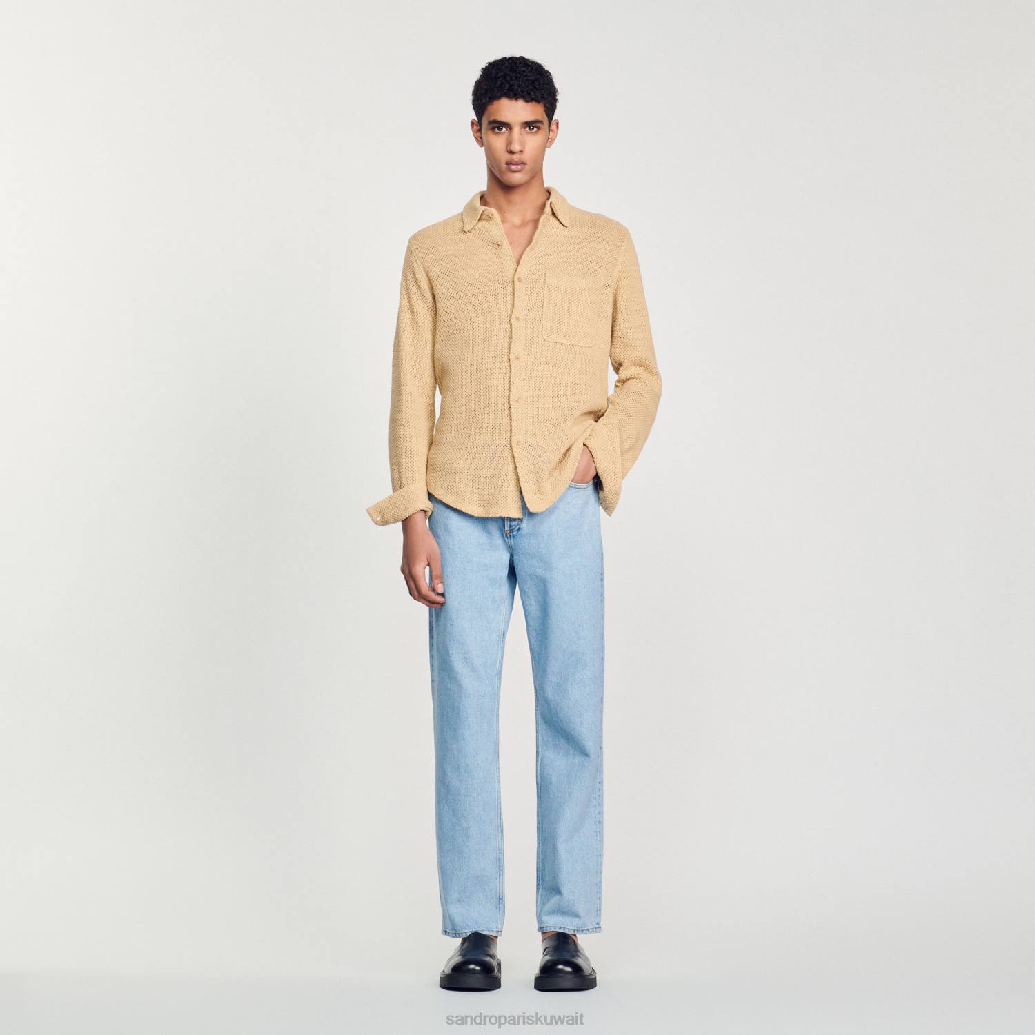 ثياب Sandro Paris قميص شبكي رمل رجال ZJ00817