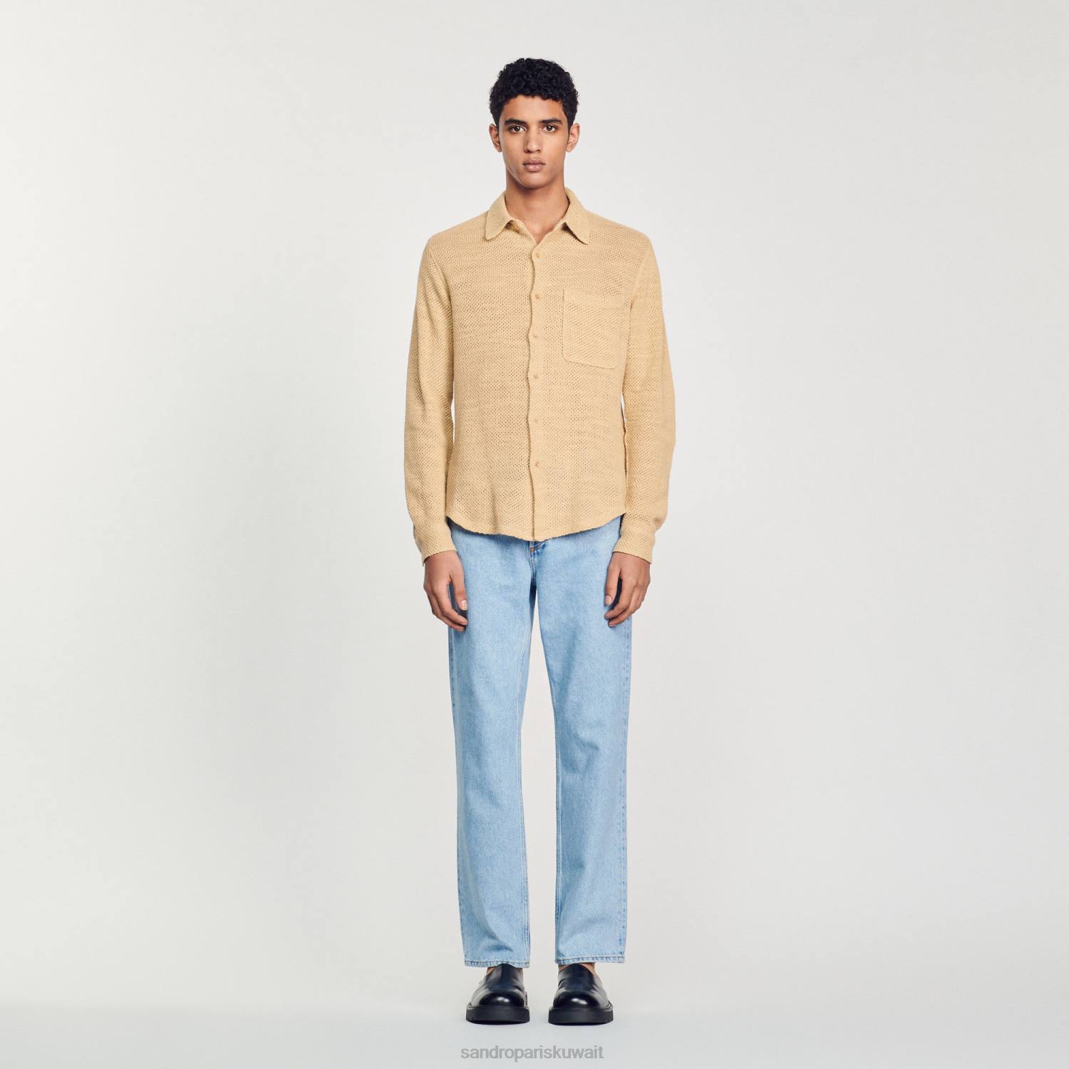 ثياب Sandro Paris قميص شبكي رمل رجال ZJ00817