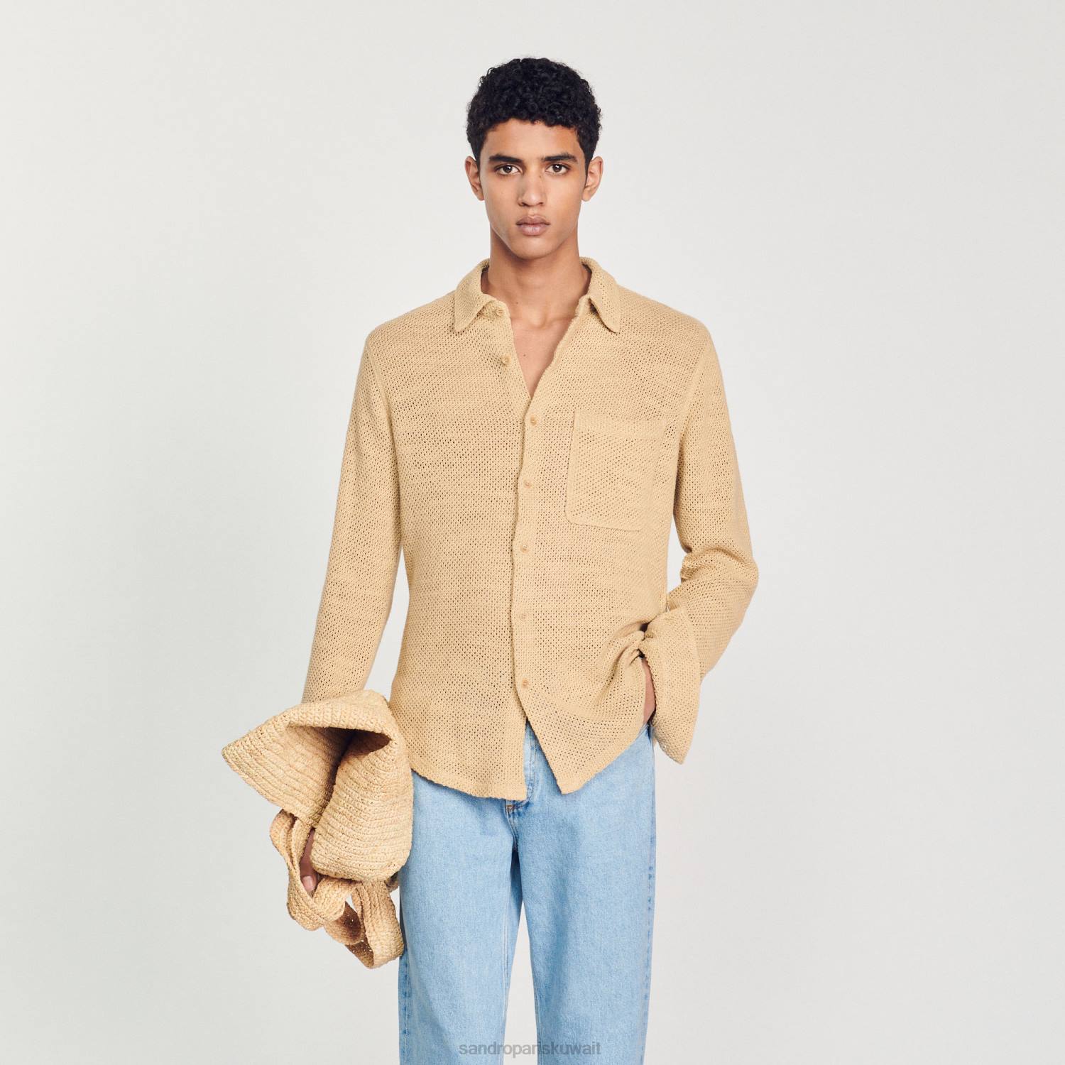 ثياب Sandro Paris قميص شبكي رمل رجال ZJ00817