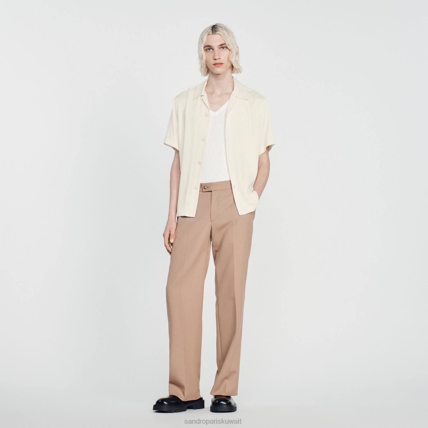 ثياب Sandro Paris قميص بأكمام قصيرة بيج فاتح رجال ZJ00818