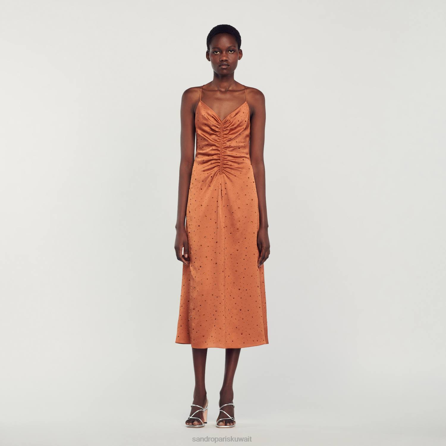 ثياب Sandro Paris فستان حجر الراين بني نحيف ZJ0081