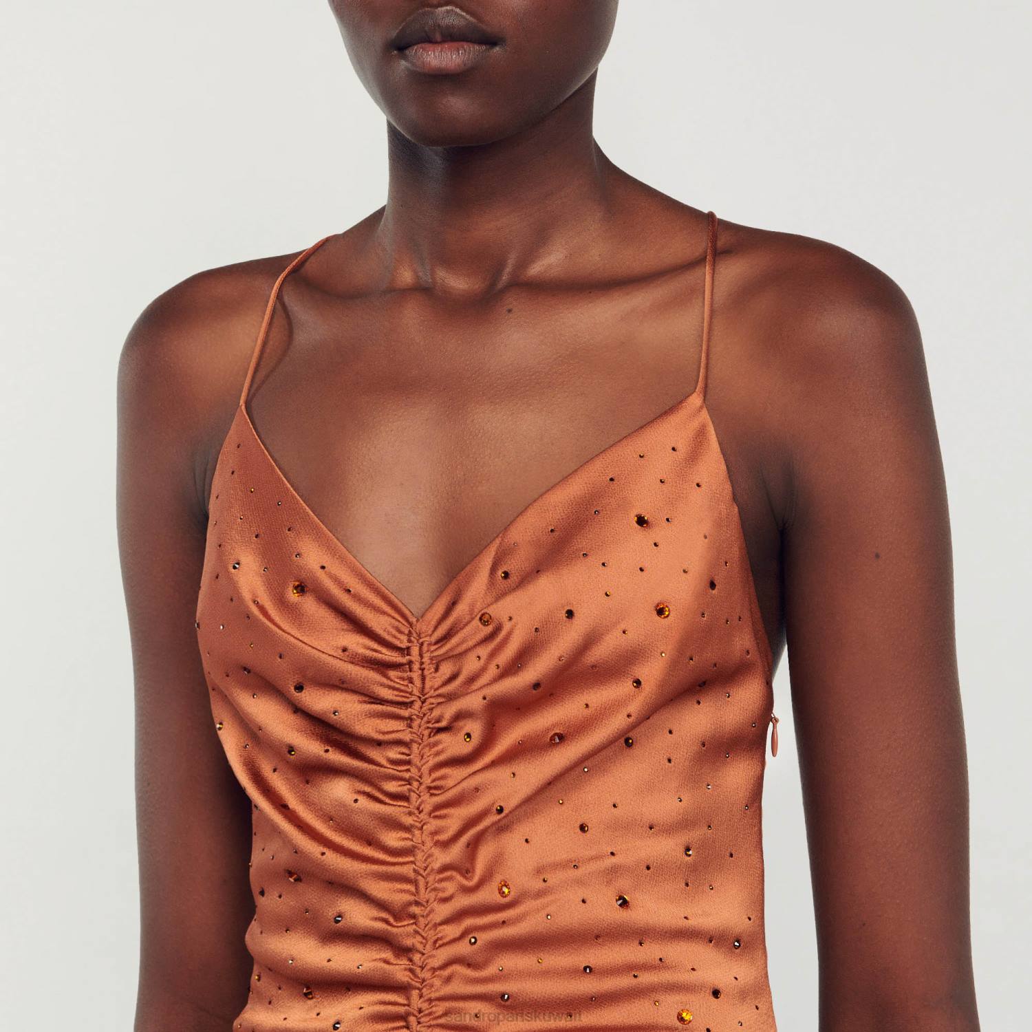 ثياب Sandro Paris فستان حجر الراين بني نحيف ZJ0081