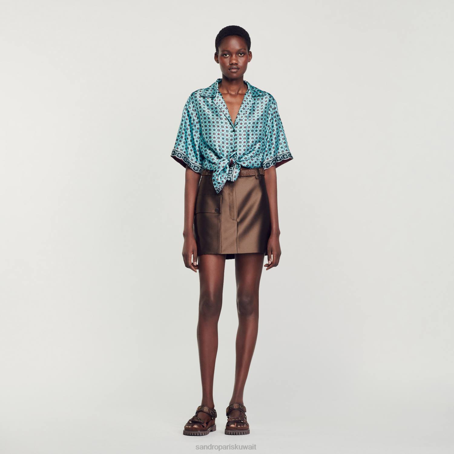 ثياب Sandro Paris قميص مطبوع تركواز/بني نحيف ZJ0082