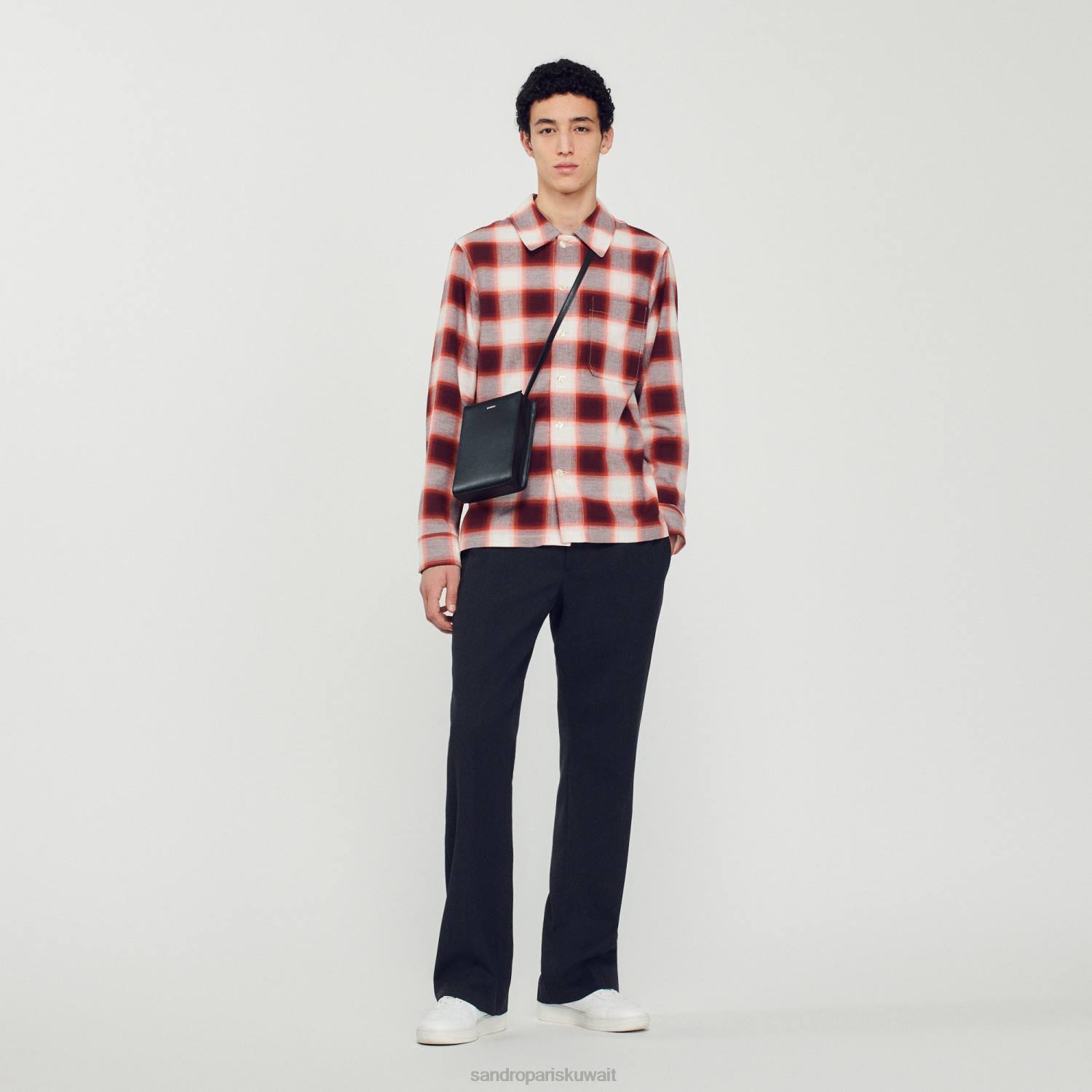 ثياب Sandro Paris قميص فحص أحمر/إكرو رجال ZJ00820