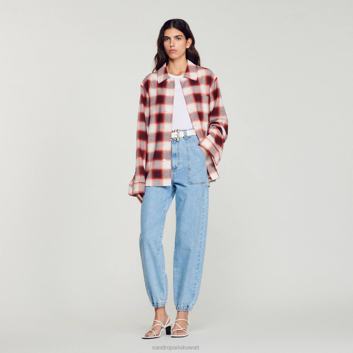 ثياب Sandro Paris قميص فحص أحمر/إكرو رجال ZJ00820