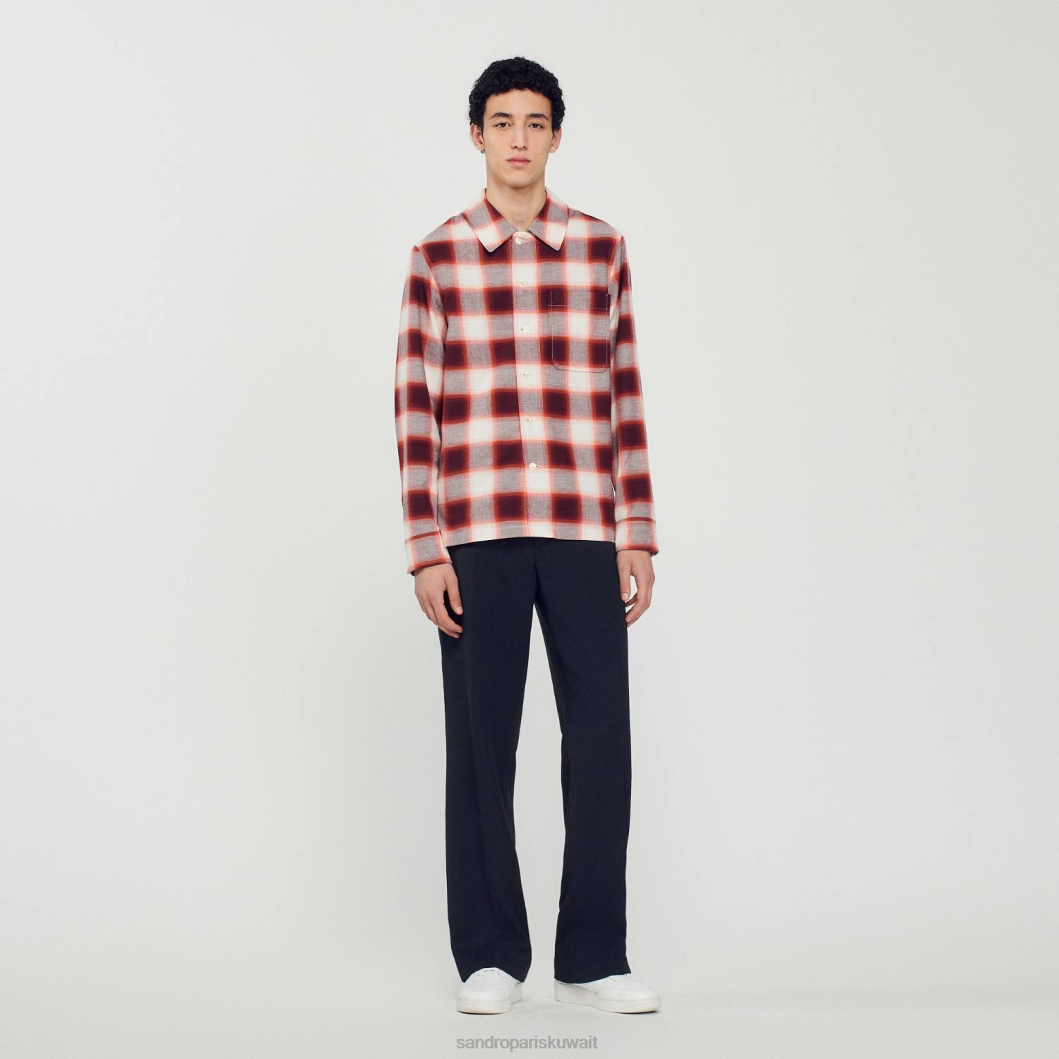 ثياب Sandro Paris قميص فحص أحمر/إكرو رجال ZJ00820