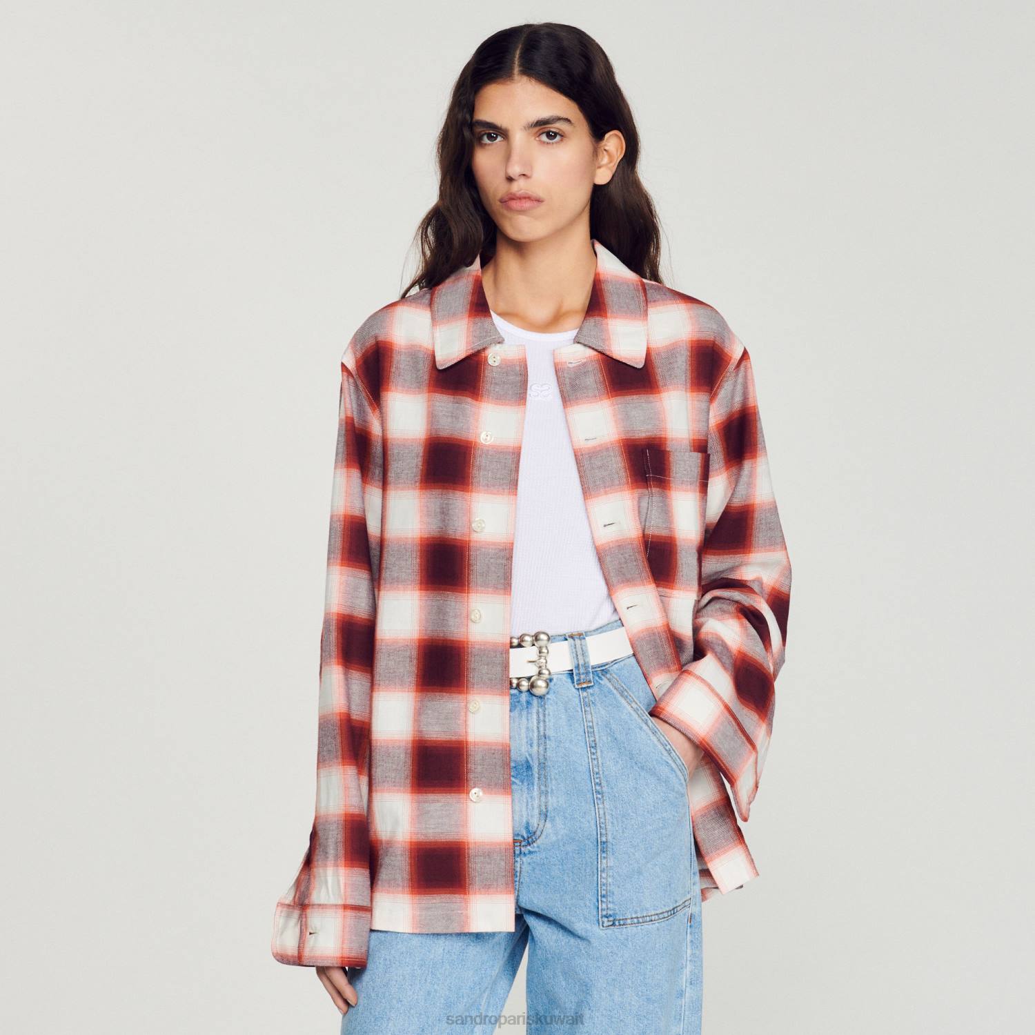 ثياب Sandro Paris قميص فحص أحمر/إكرو رجال ZJ00820