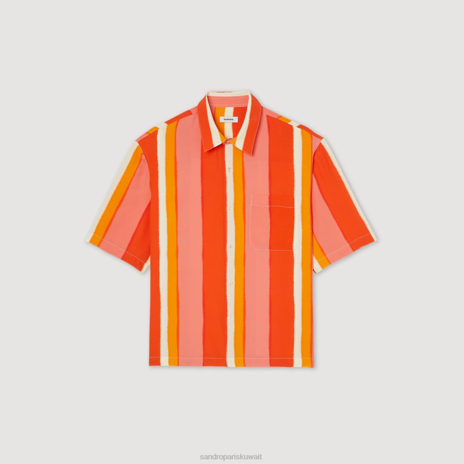 ثياب Sandro Paris قميص مخطط متدفق بأكمام قصيرة أحمر رجال ZJ00821