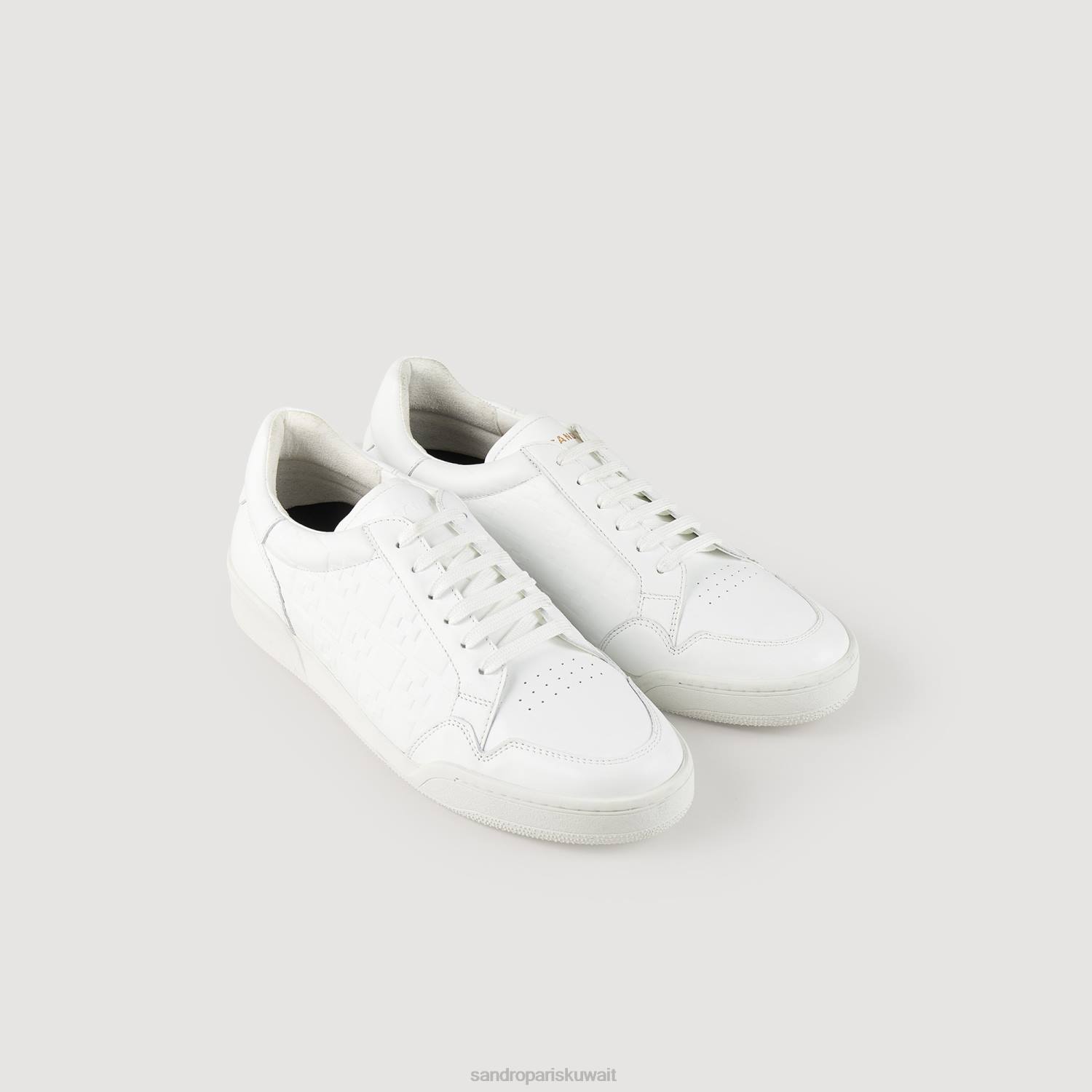 أحذية Sandro Paris حذاء رياضي من الجلد بنقش مربع ومتقاطع أبيض رجال ZJ00837