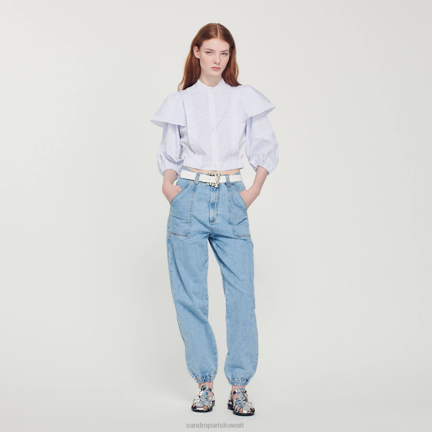 ثياب Sandro Paris قميص مخطط قصير ابيض ازرق نحيف ZJ0084