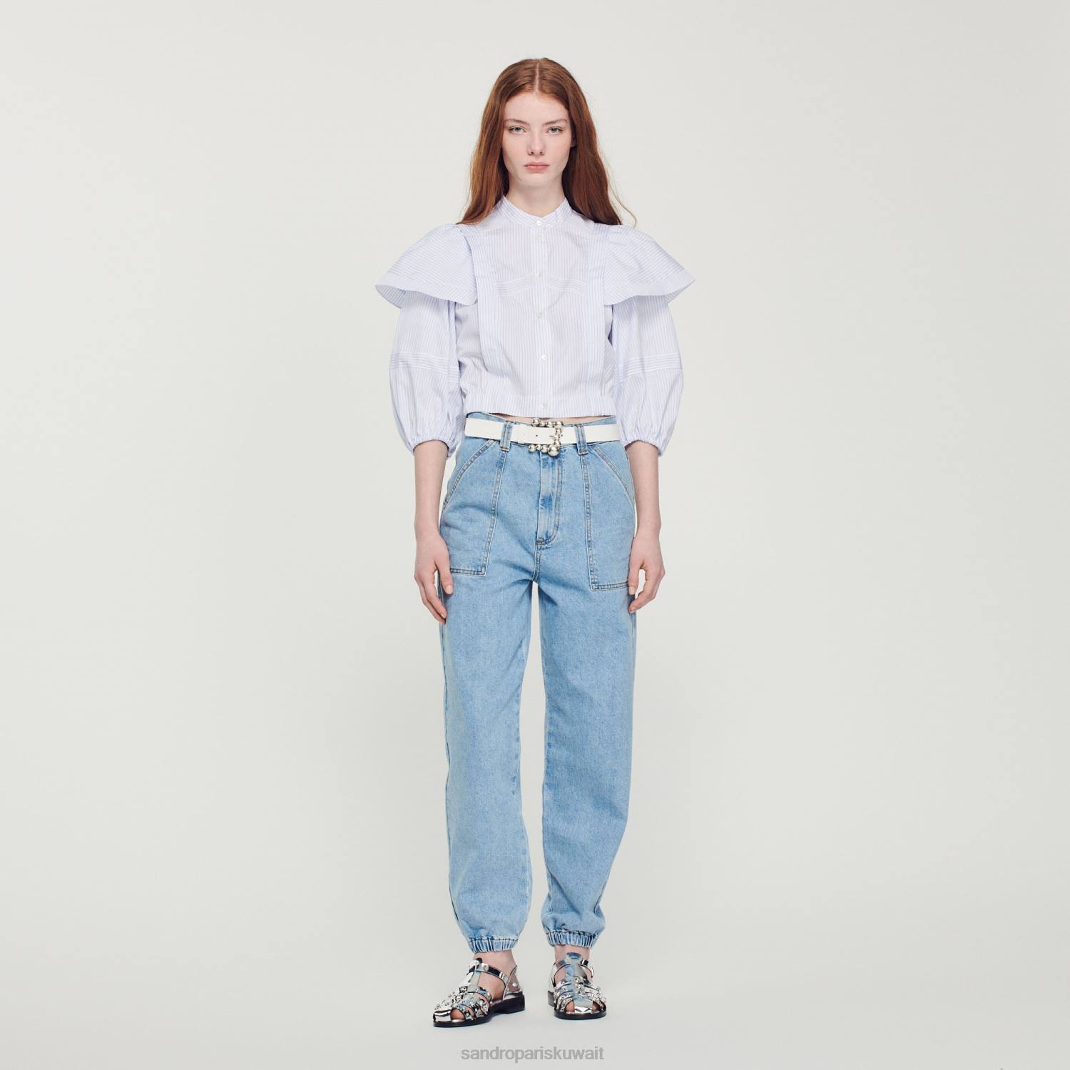 ثياب Sandro Paris قميص مخطط قصير ابيض ازرق نحيف ZJ0084