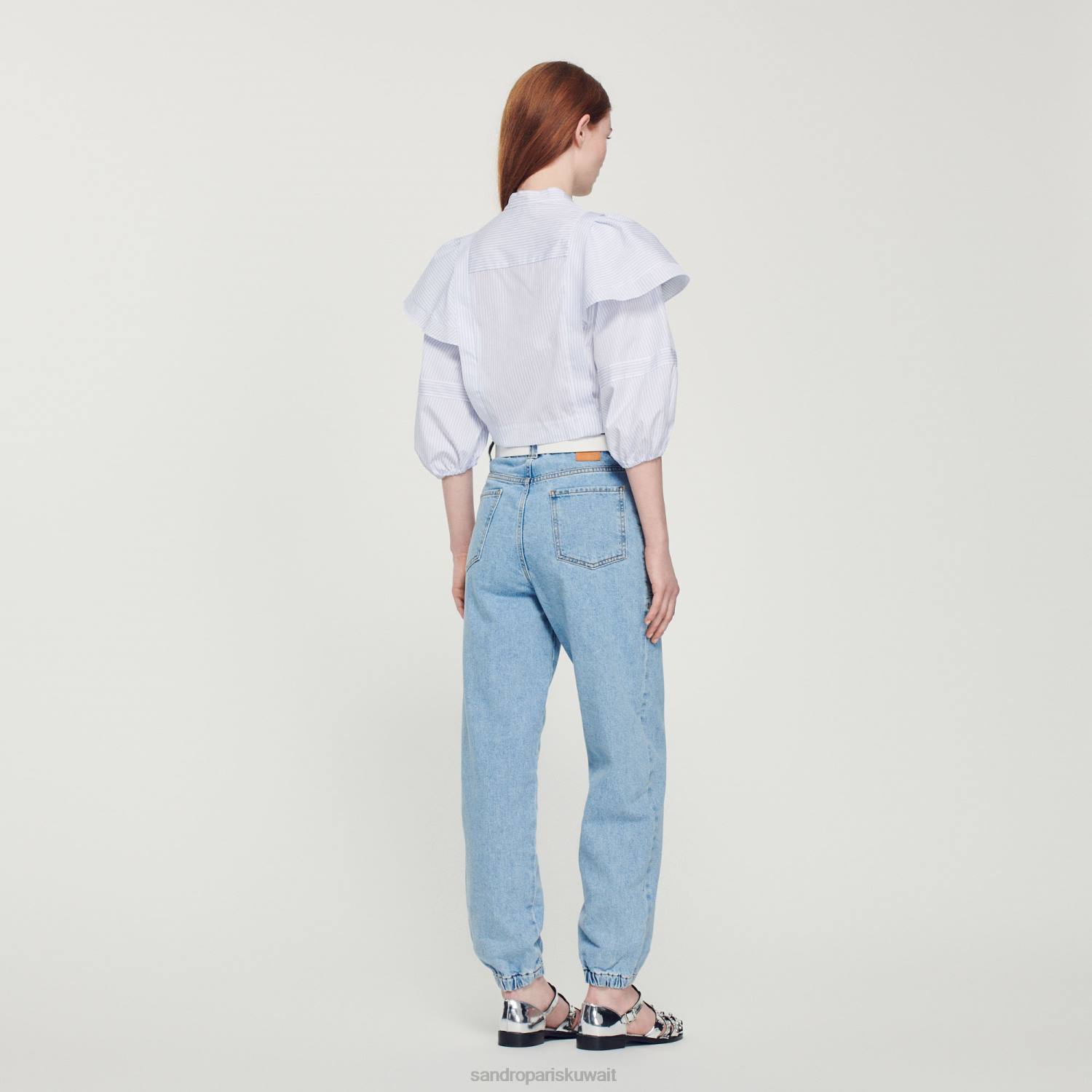 ثياب Sandro Paris قميص مخطط قصير ابيض ازرق نحيف ZJ0084