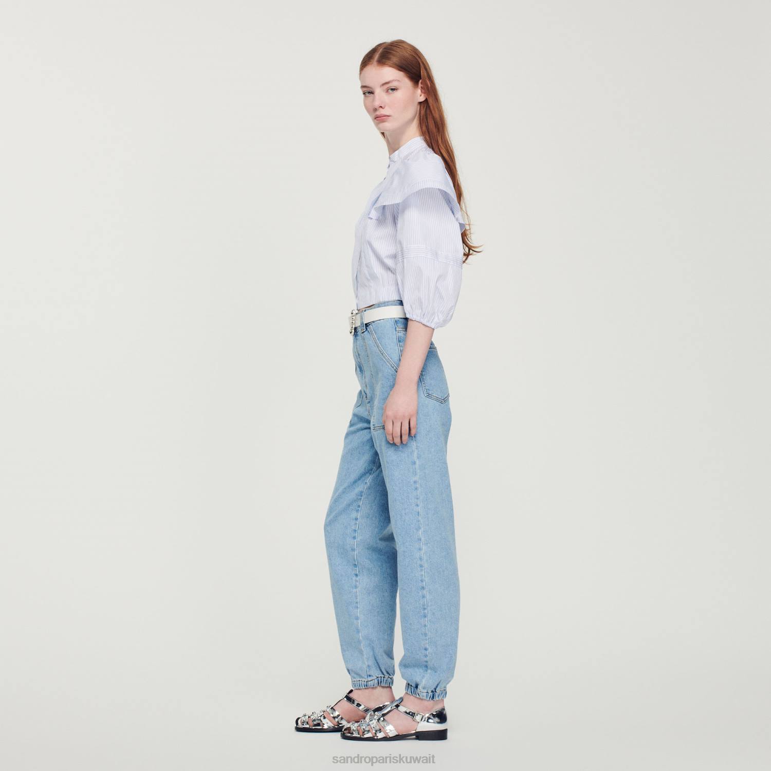 ثياب Sandro Paris قميص مخطط قصير ابيض ازرق نحيف ZJ0084