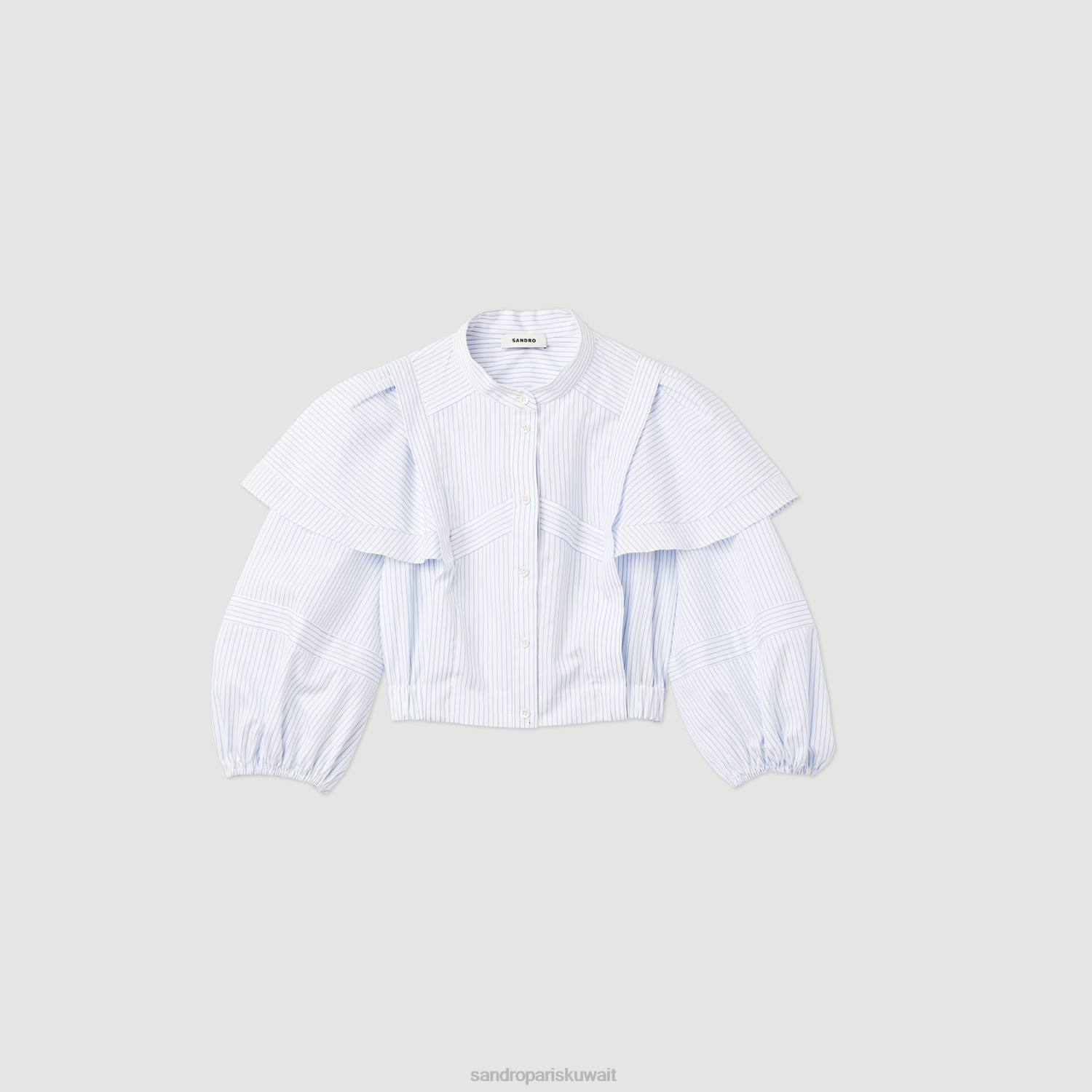 ثياب Sandro Paris قميص مخطط قصير ابيض ازرق نحيف ZJ0084