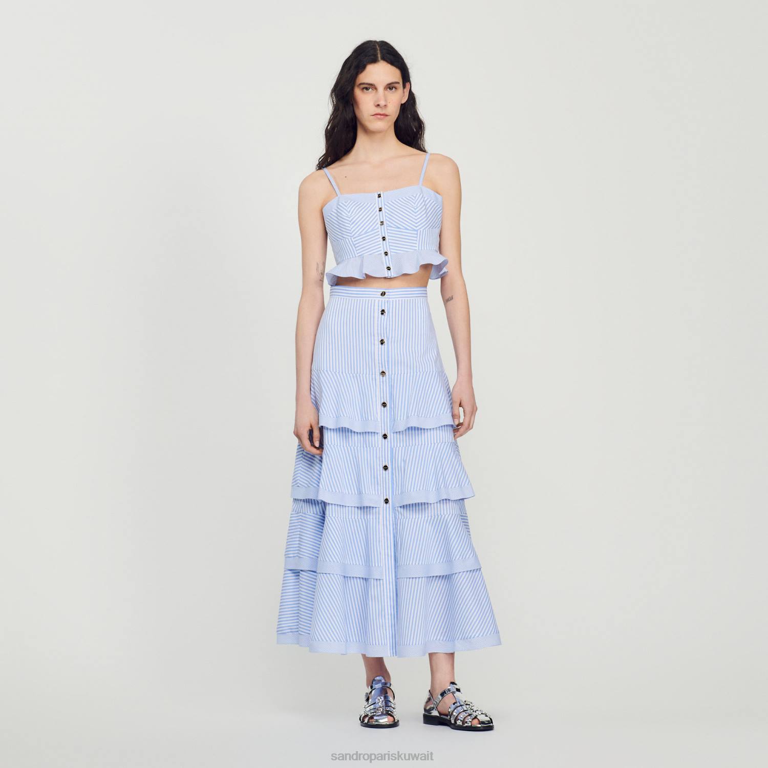 ثياب Sandro Paris تنورة طويلة مخططة السماء الزرقاء/الأبيض نحيف ZJ0085