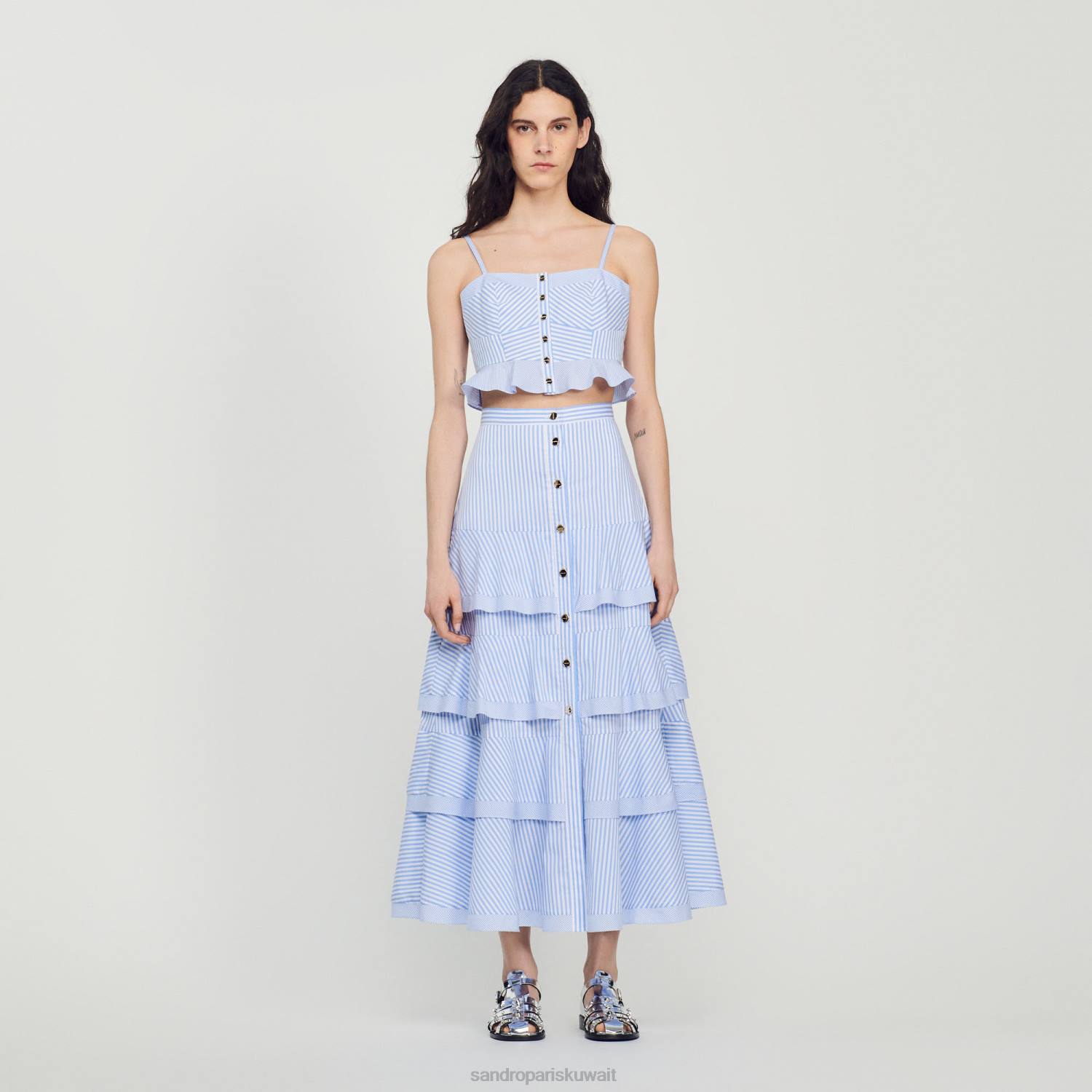 ثياب Sandro Paris تنورة طويلة مخططة السماء الزرقاء/الأبيض نحيف ZJ0085