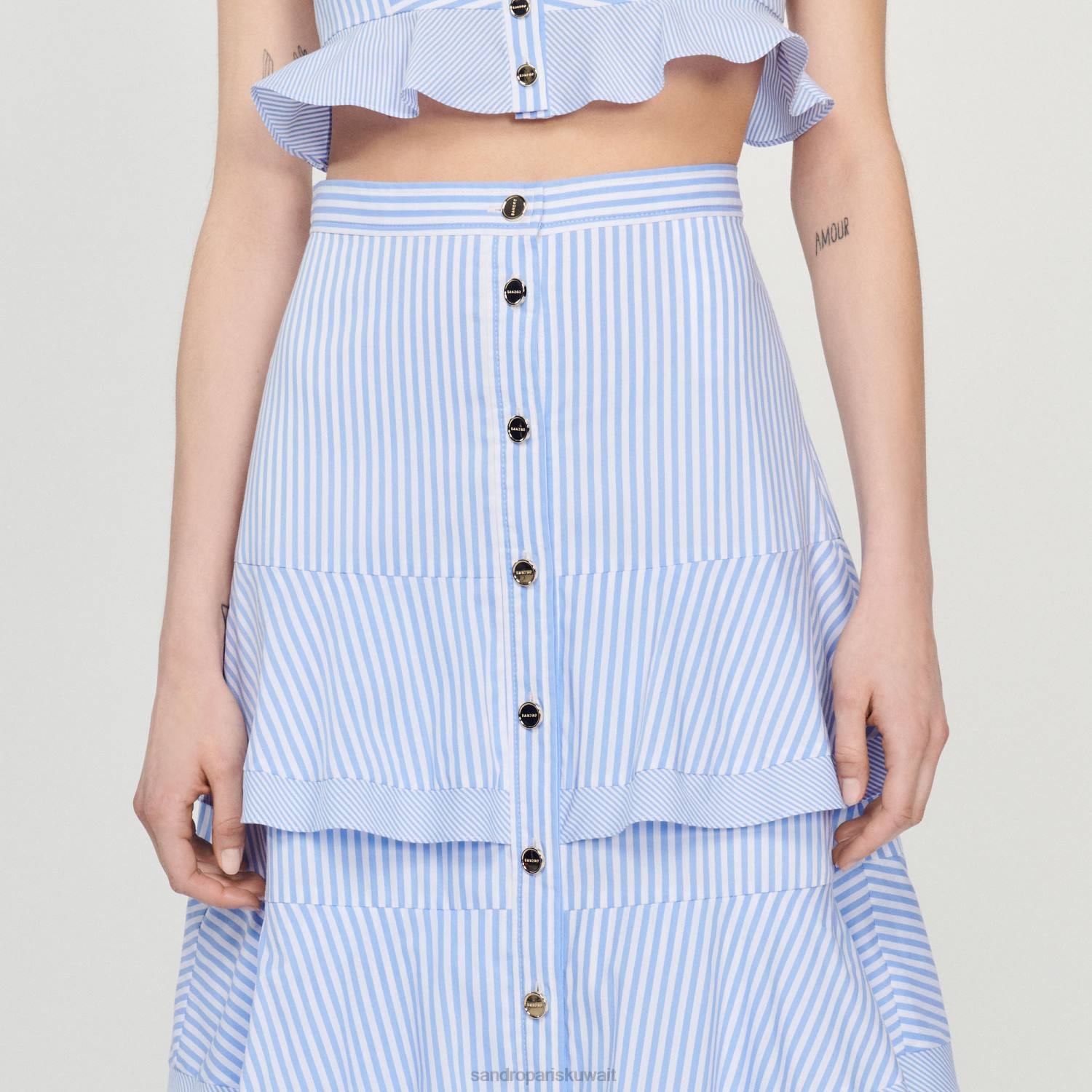 ثياب Sandro Paris تنورة طويلة مخططة السماء الزرقاء/الأبيض نحيف ZJ0085