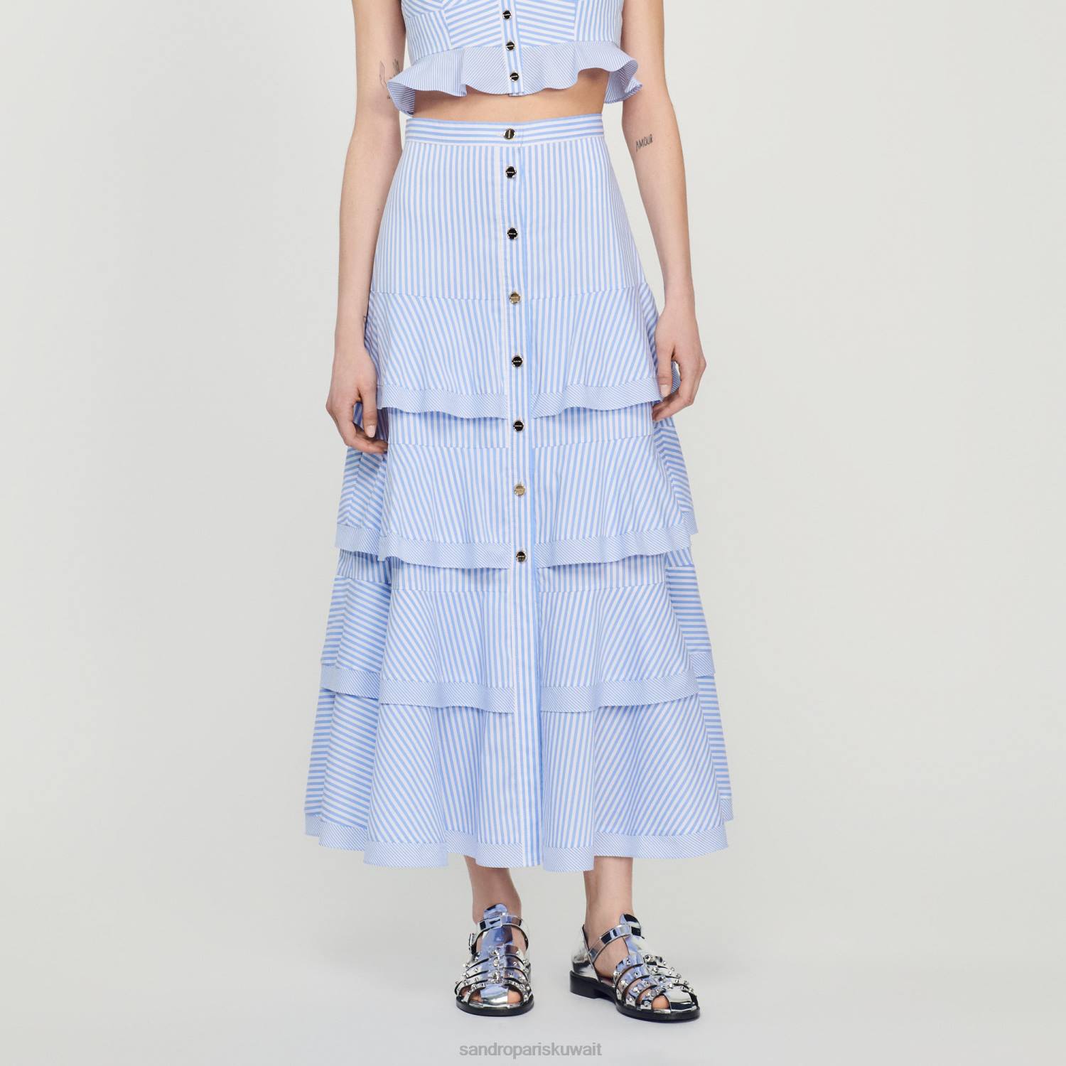 ثياب Sandro Paris تنورة طويلة مخططة السماء الزرقاء/الأبيض نحيف ZJ0085