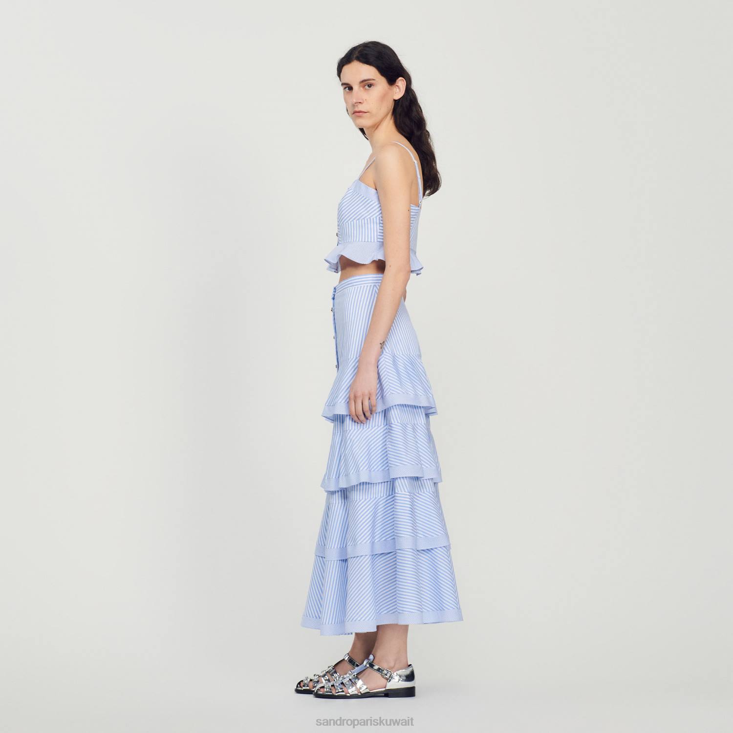 ثياب Sandro Paris تنورة طويلة مخططة السماء الزرقاء/الأبيض نحيف ZJ0085