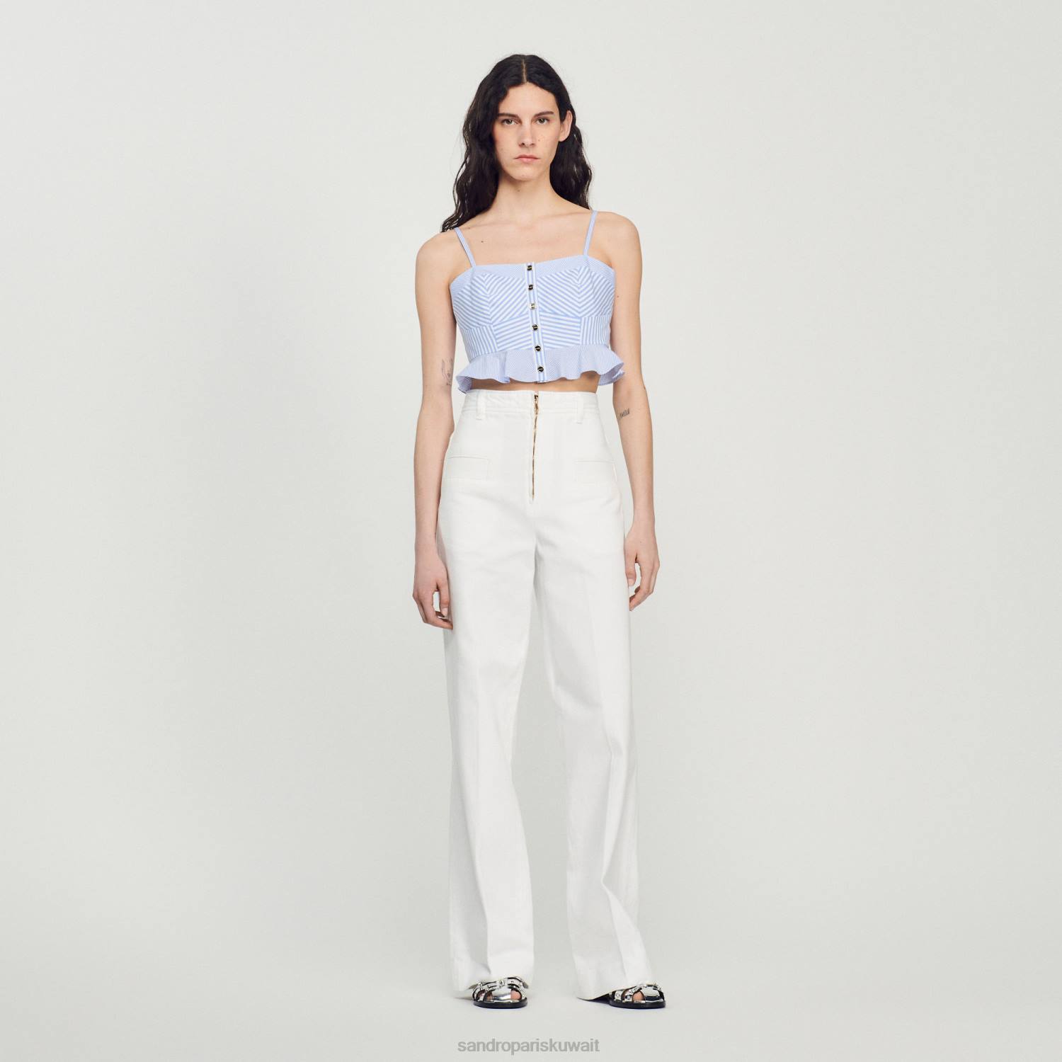 ثياب Sandro Paris أعلى بوستير مخطط السماء الزرقاء/الأبيض نحيف ZJ0088