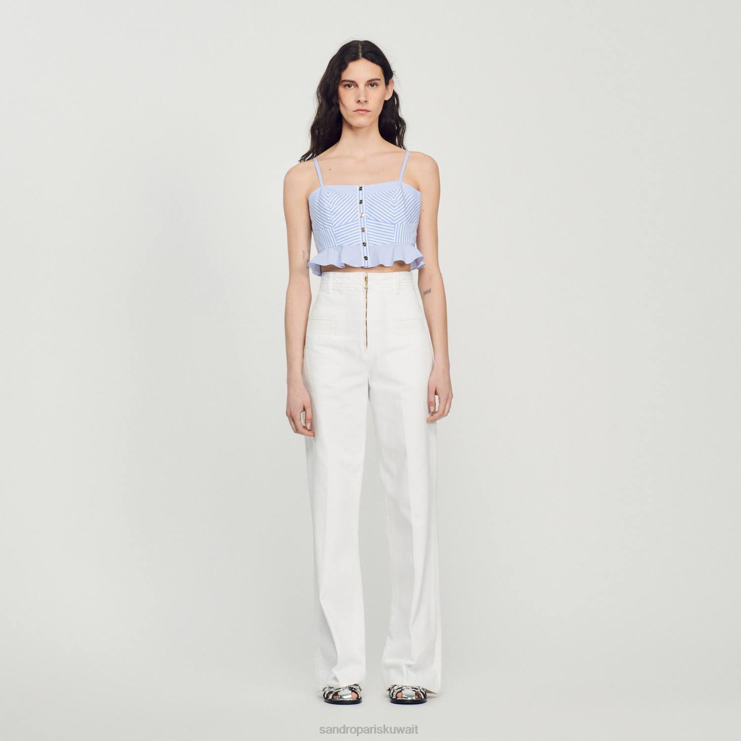 ثياب Sandro Paris أعلى بوستير مخطط السماء الزرقاء/الأبيض نحيف ZJ0088